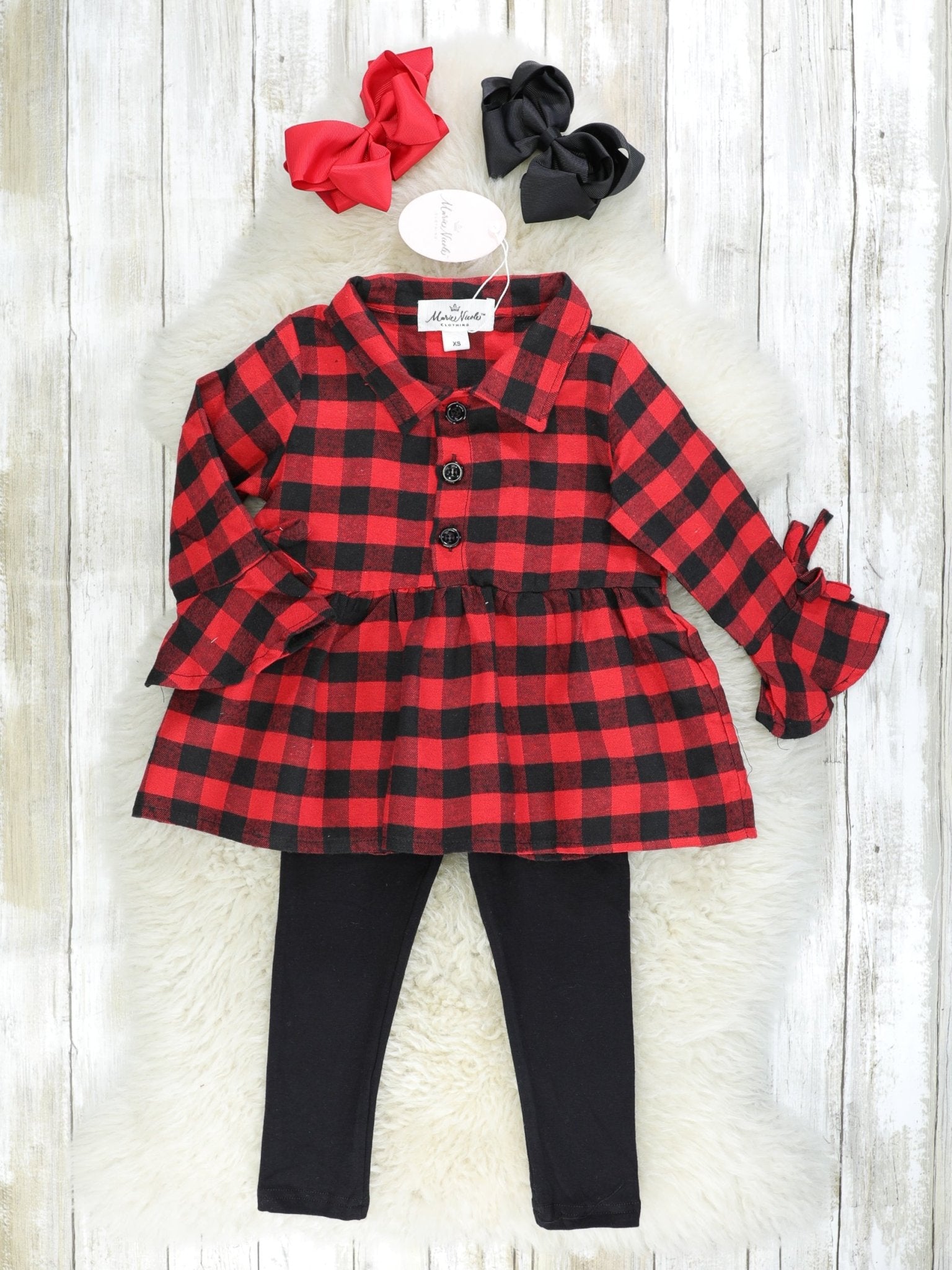 Red Gingham Ruffle Tunic W/ Fur Vest & Black Bottoms Outfit - Marie Nicole Clothing
