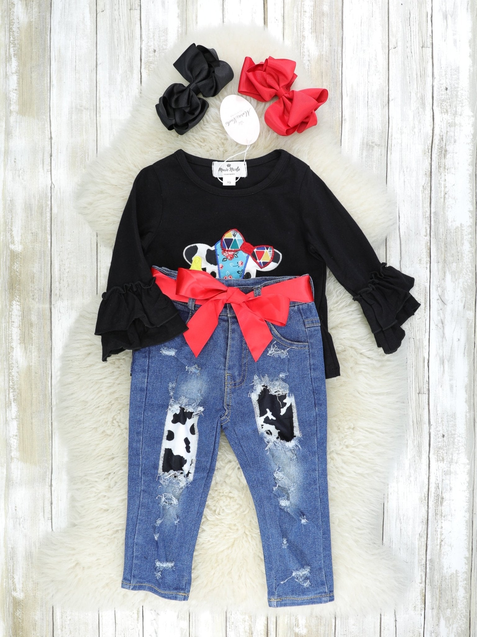 Fancy Cow Ruffle Denim Outfit - Marie Nicole Clothing