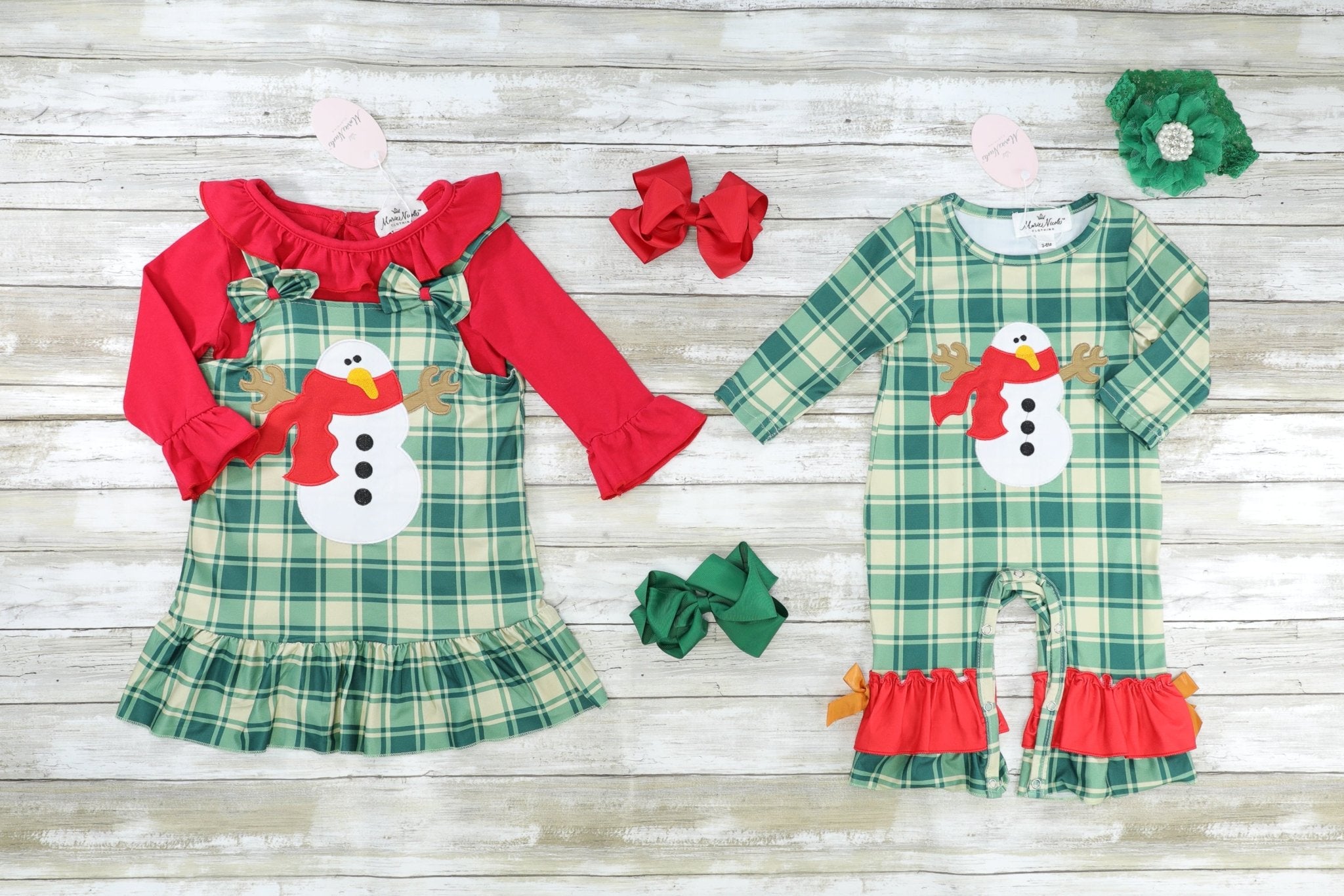 Green Plaid Snowman Ruffle Romper - Marie Nicole Clothing