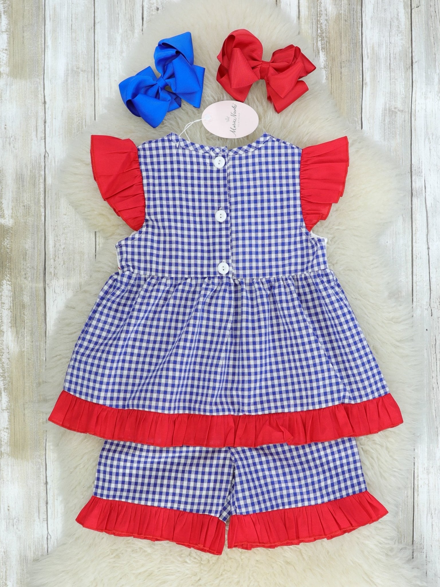 Baseball Blue Check Ruffle Smocked Outfit - Marie Nicole Clothing
