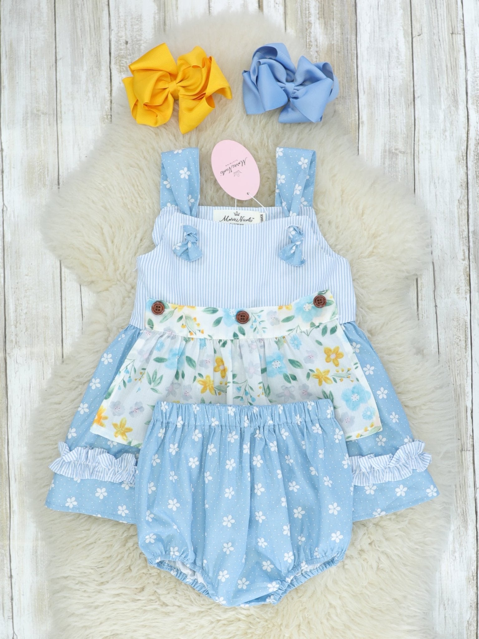 Cornflower Blue Floral Apron Dress - Marie Nicole Clothing
