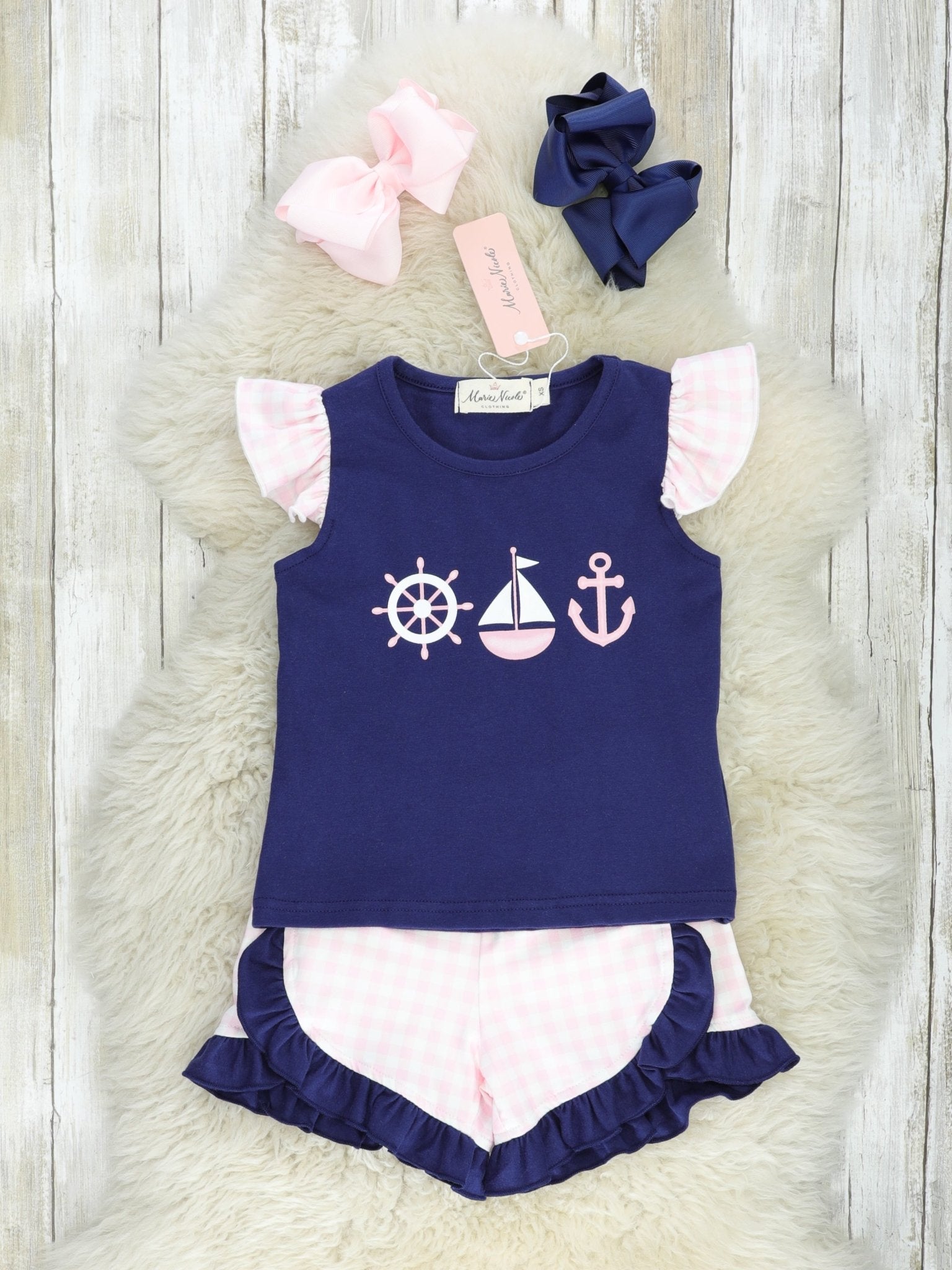 Gingham Sailboat Ruffle Outfit - Marie Nicole Clothing