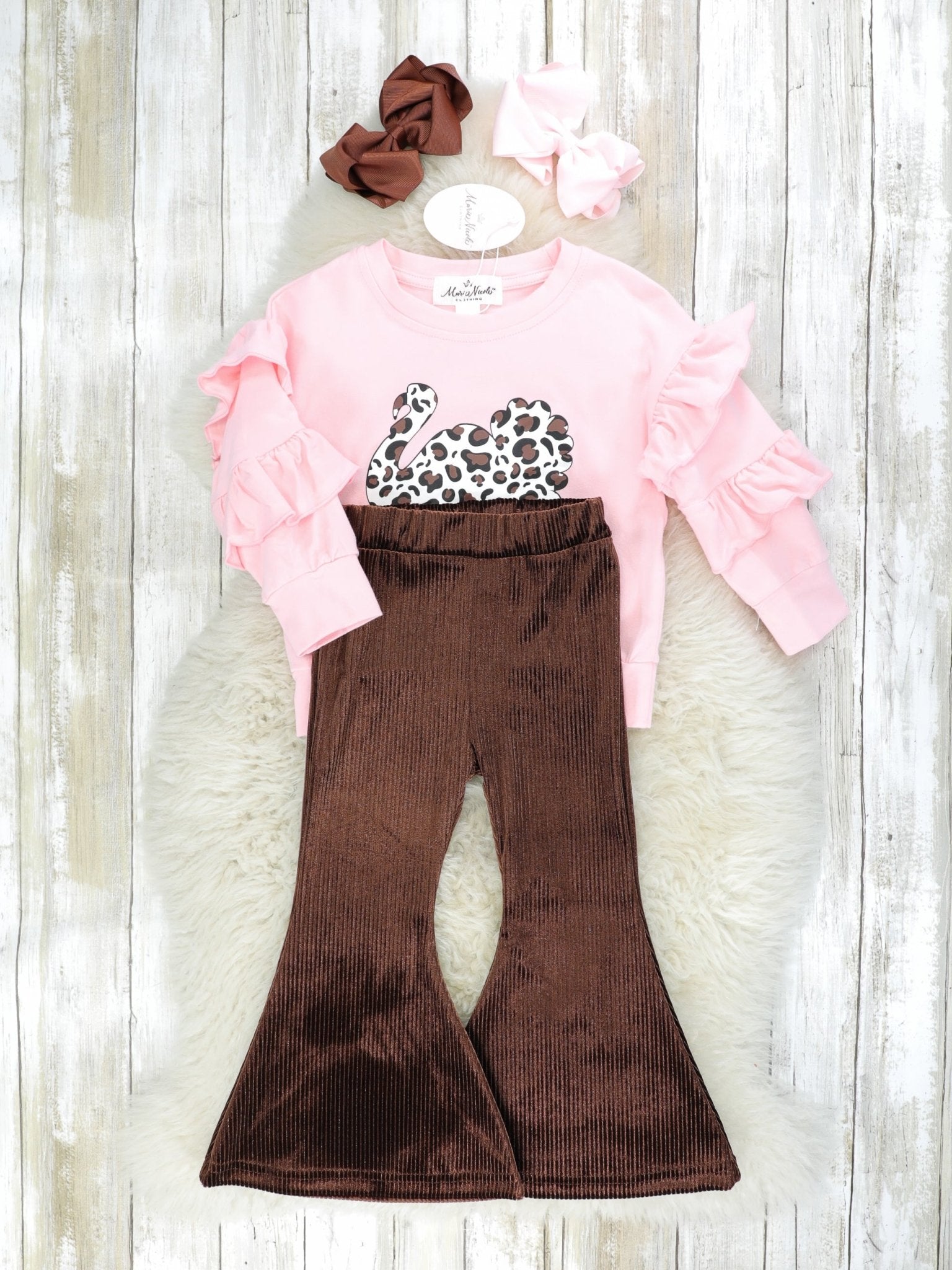 Pink Cow Print Turkey Ruffle Top & Bell Bottoms - Marie Nicole Clothing