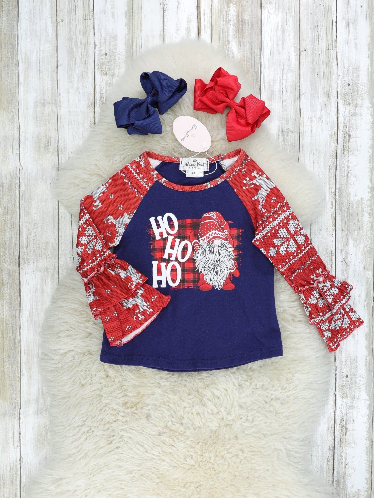 Navy "HO HO HO" Ruffle Raglan Shirt - Marie Nicole Clothing