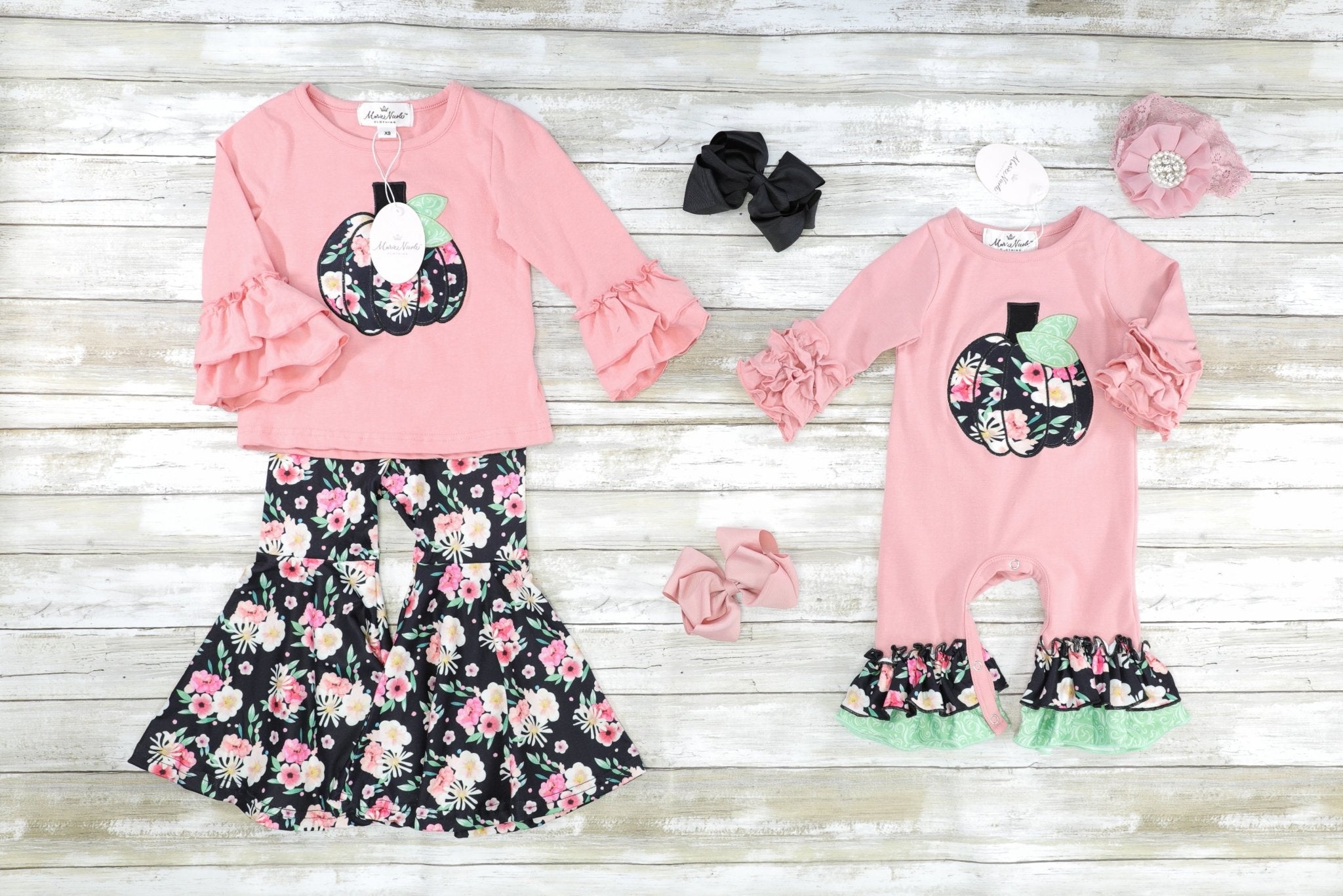 Pink & Black Floral Pumpkin Bell Bottom Outfit - Marie Nicole Clothing