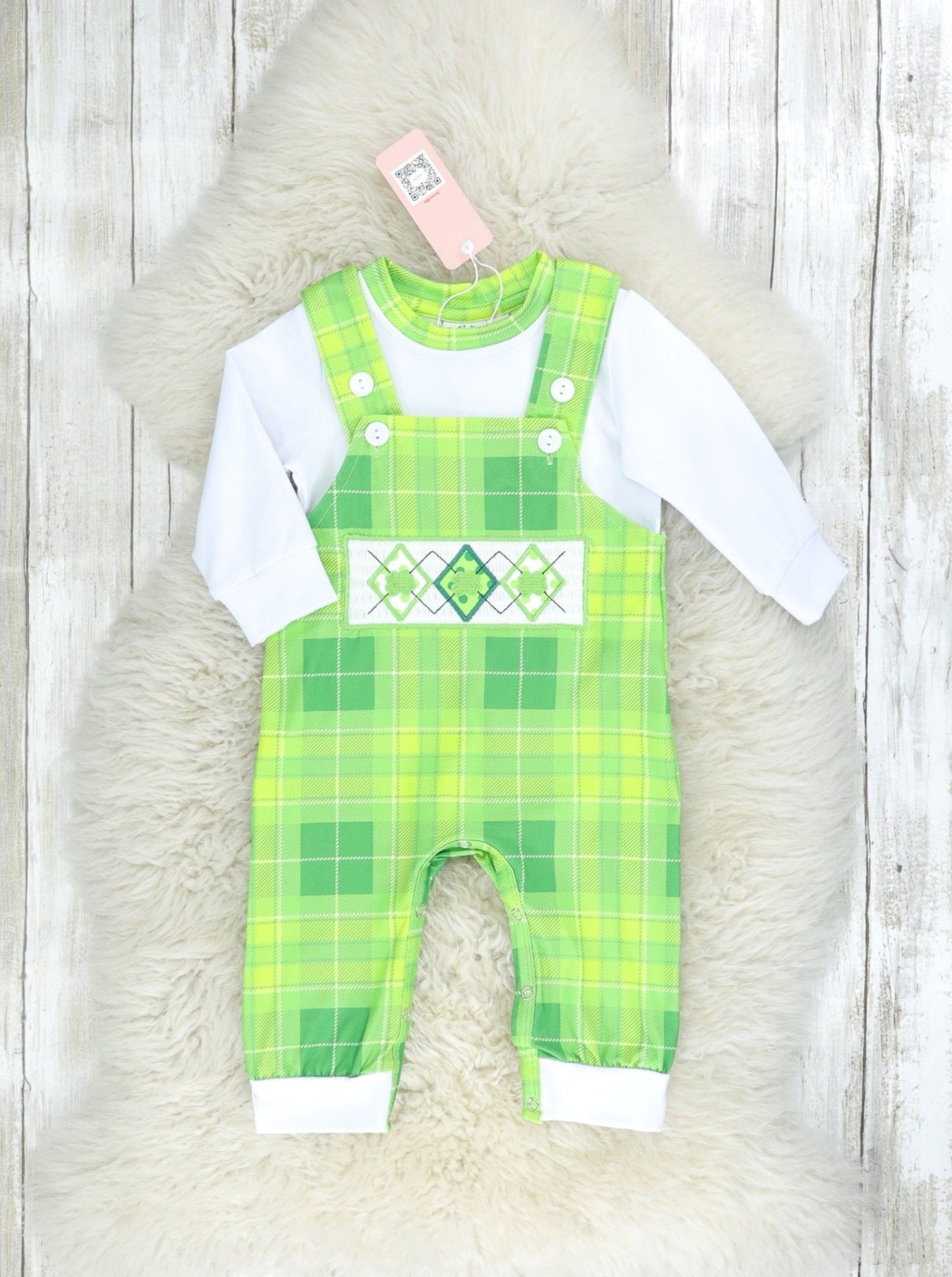 Green Plaid Smocked Clover Overall Romper - Marie Nicole Clothing