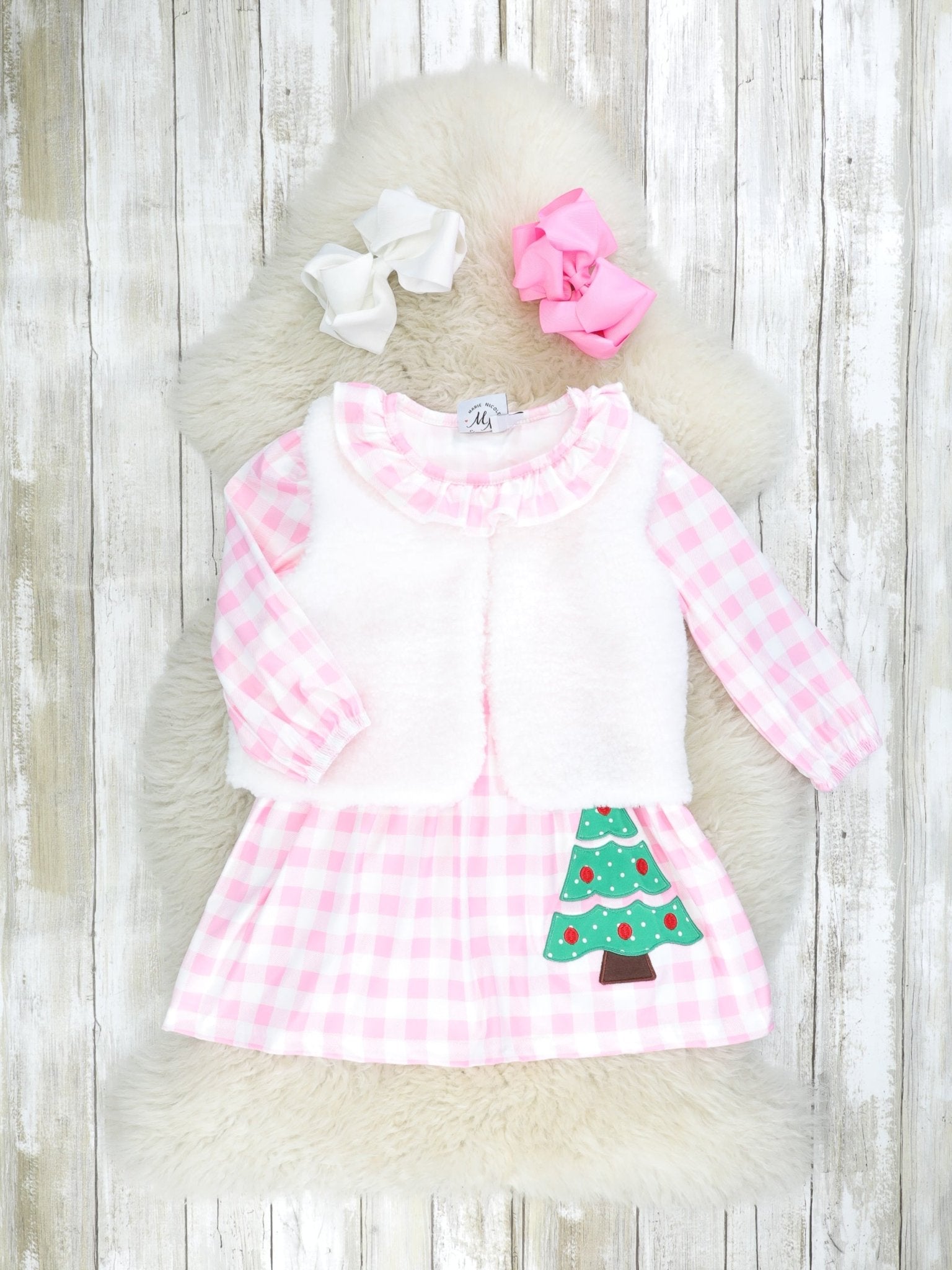 Pink Gingham Christmas Tree Dress & Vest - Marie Nicole Clothing