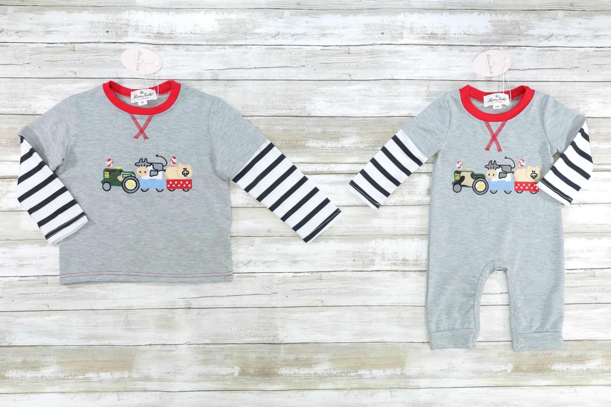 Farm Animals On A Tractor Striped Shirt - Marie Nicole Clothing