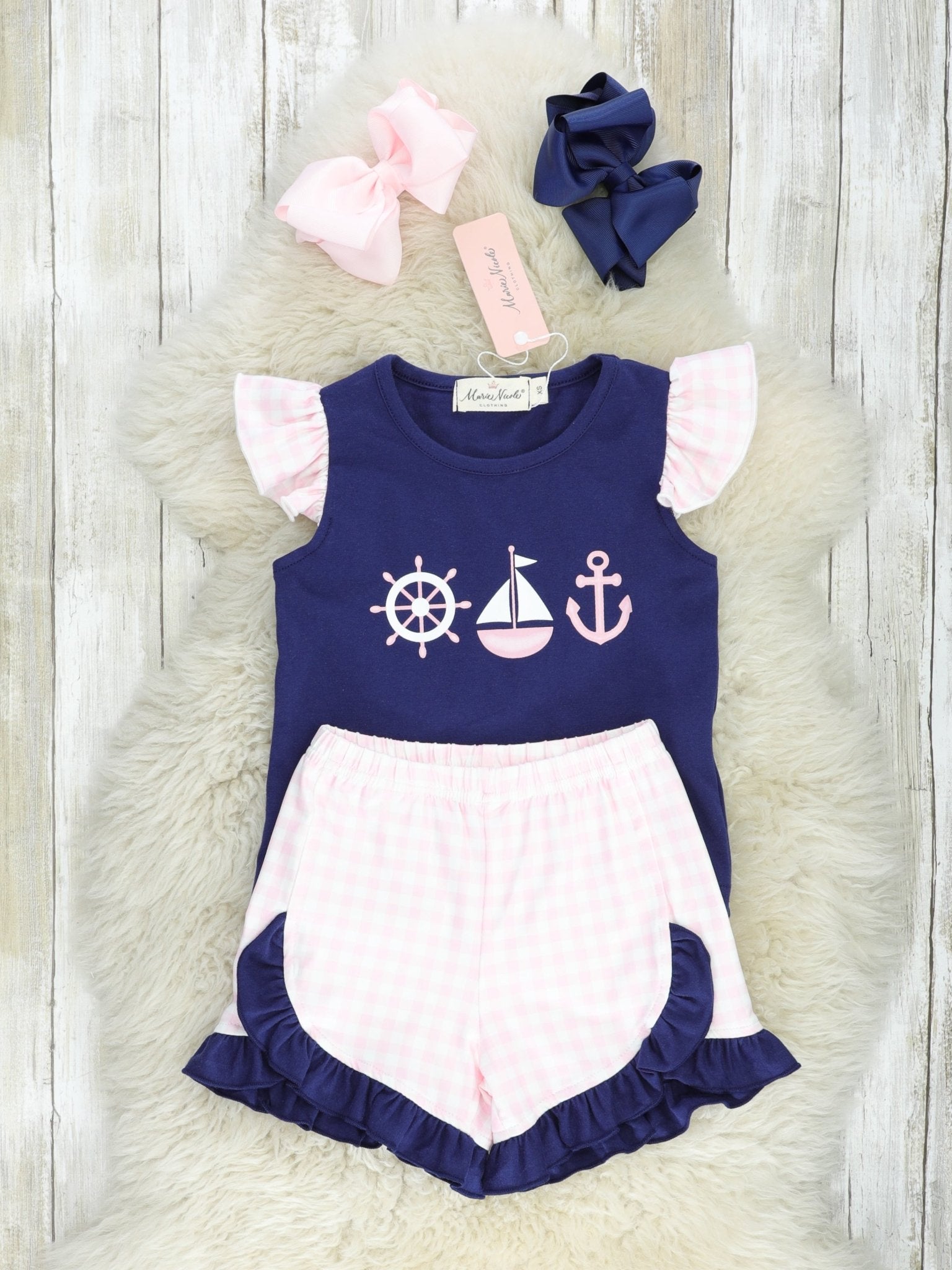 Gingham Sailboat Ruffle Outfit - Marie Nicole Clothing