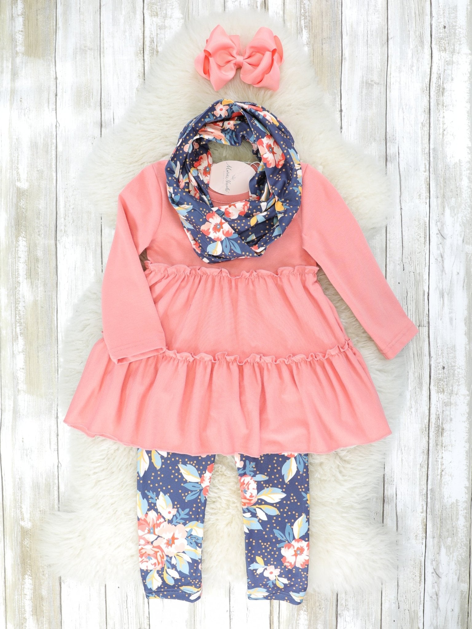 Salmon Pink Tiered Top & Floral Bottoms w/ Scarf - Marie Nicole Clothing