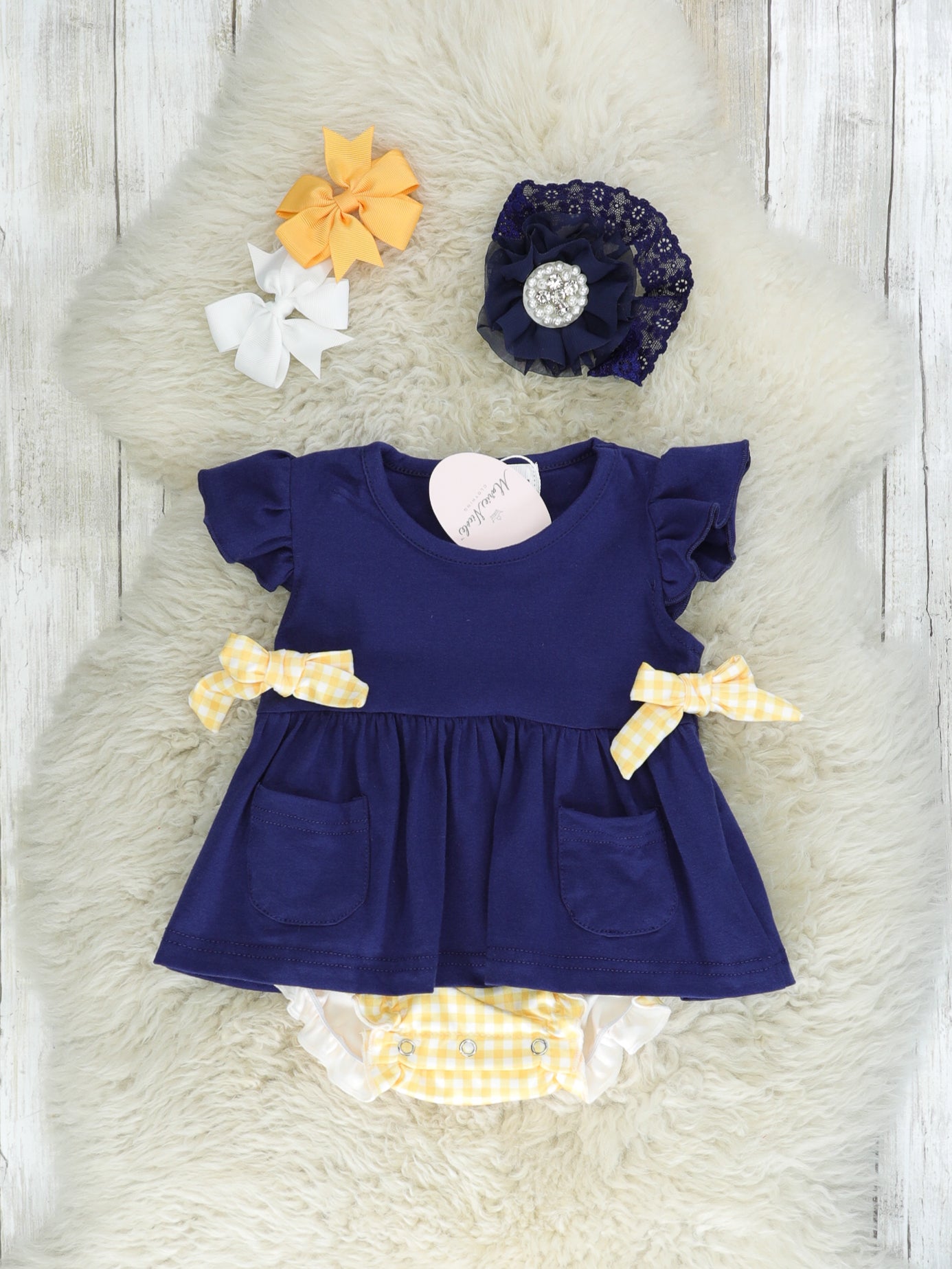Navy & Yellow Gingham Bubble Romper - Marie Nicole Clothing