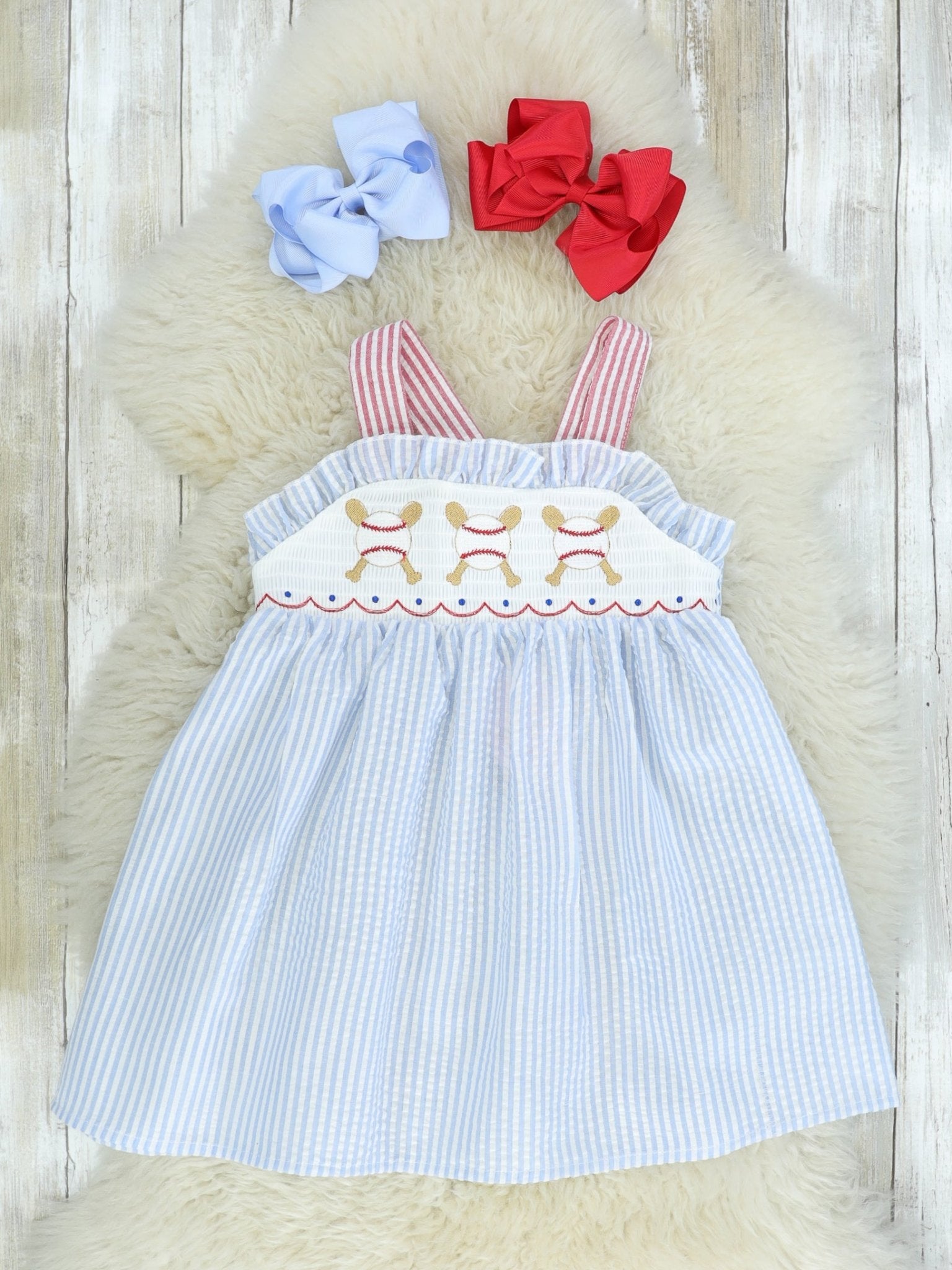 Blue Pinstriped Baseball Dress - Marie Nicole Clothing