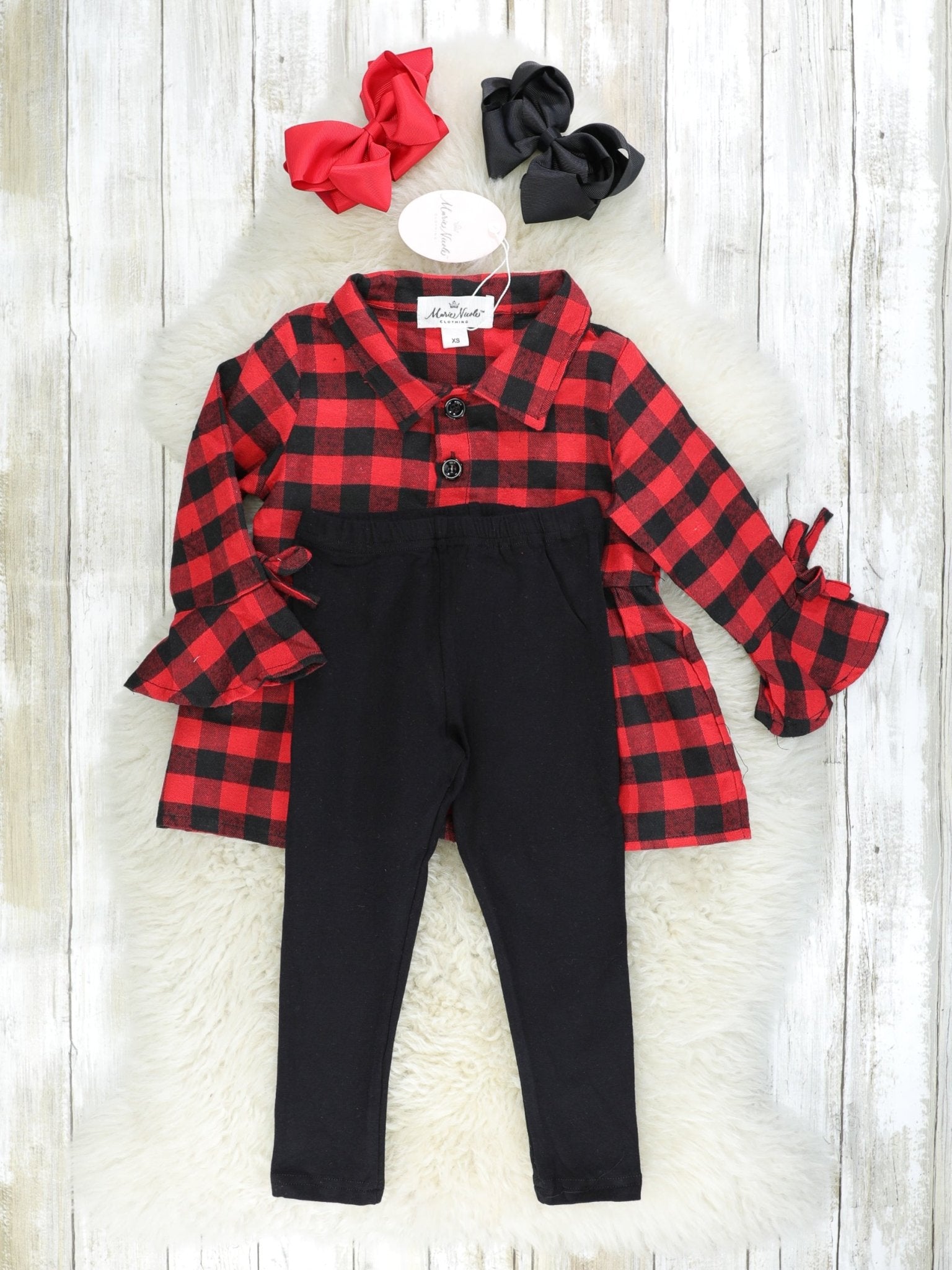 Red Gingham Ruffle Tunic W/ Fur Vest & Black Bottoms Outfit - Marie Nicole Clothing