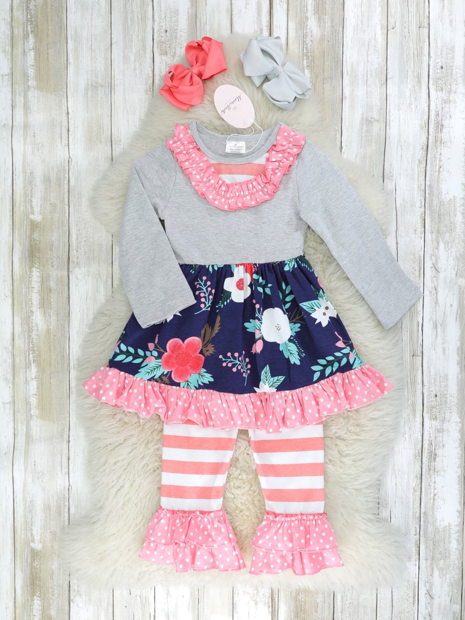Navy & Peach Floral Ruffle Outfit - Marie Nicole Clothing