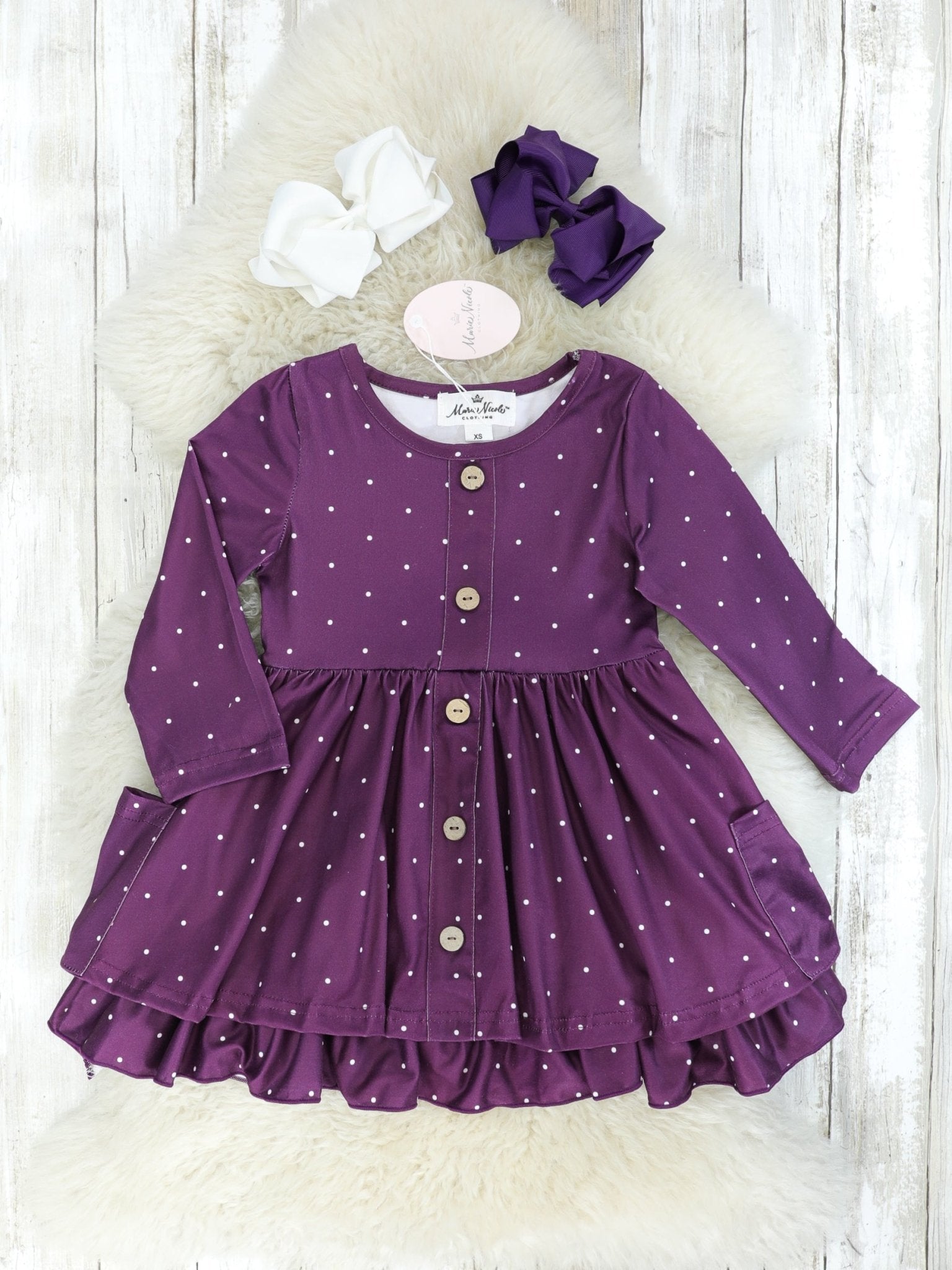 Purple Polka Dot Pocket Ruffle Dress - Marie Nicole Clothing