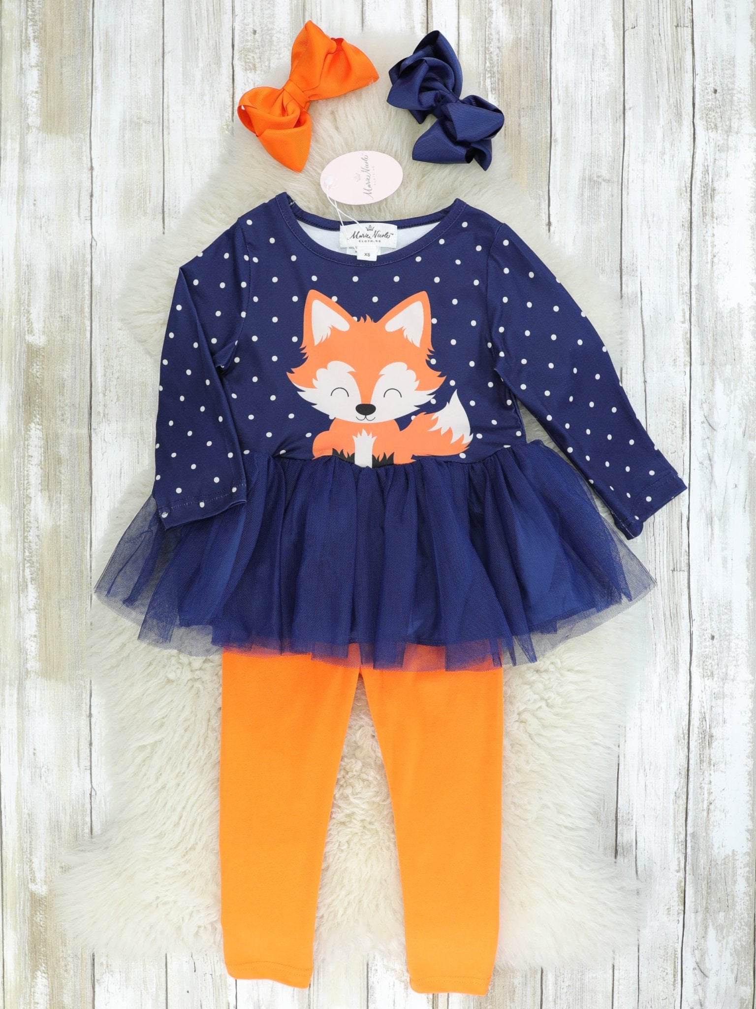 Navy Polka Dot Fox Tulle Top & Orange Bottoms Outfit - Marie Nicole Clothing