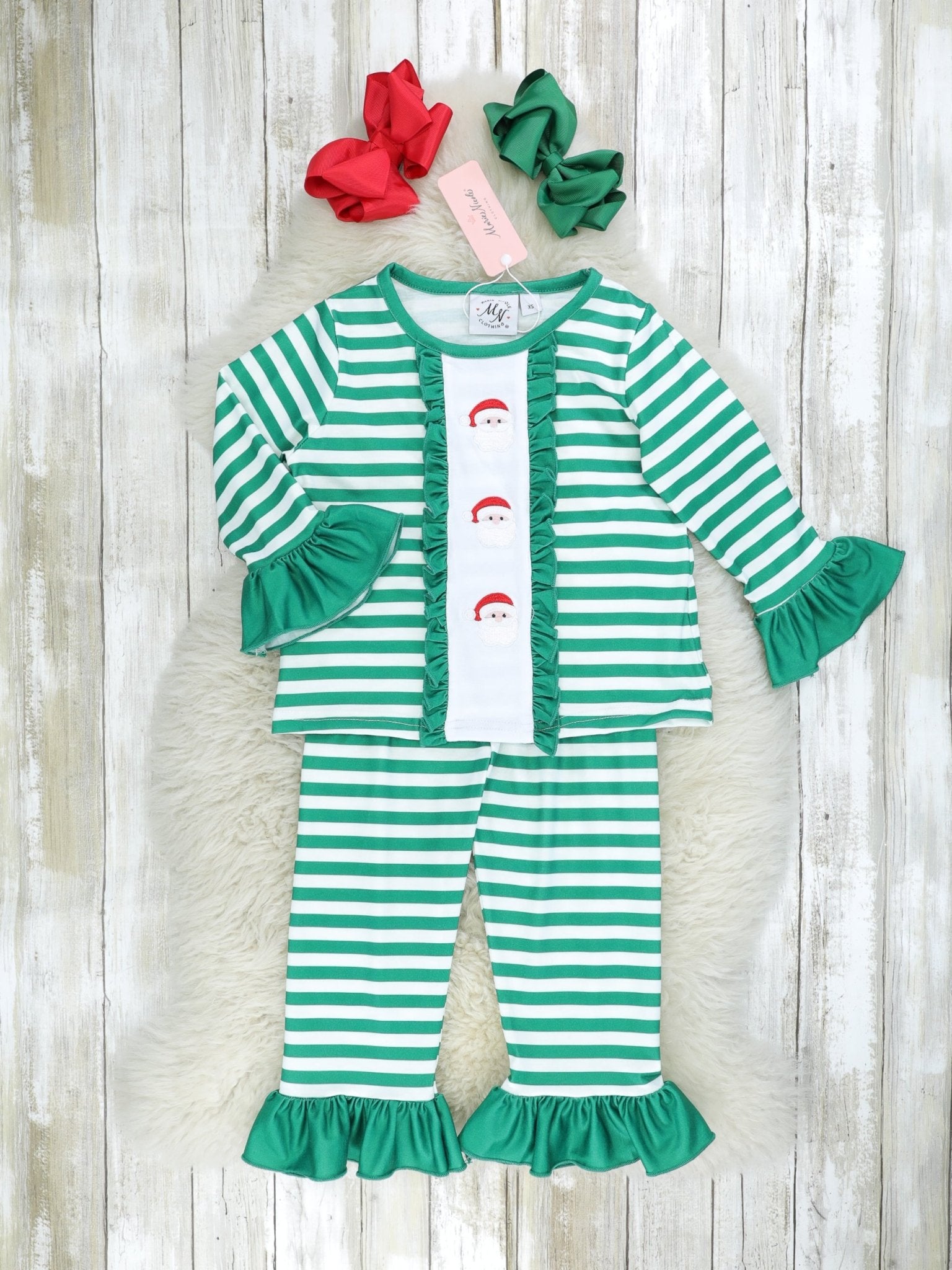 Green Striped Santa Pajamas - Boys & Girls - Marie Nicole Clothing