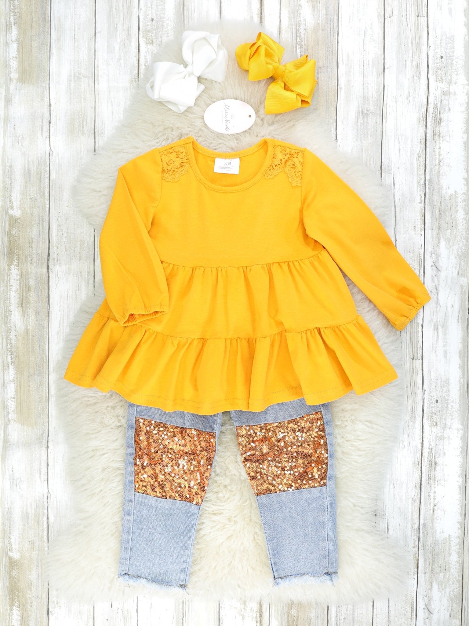Mustard Lace Tier Top & Distressed Denim Sequin Outfit - Marie Nicole Clothing