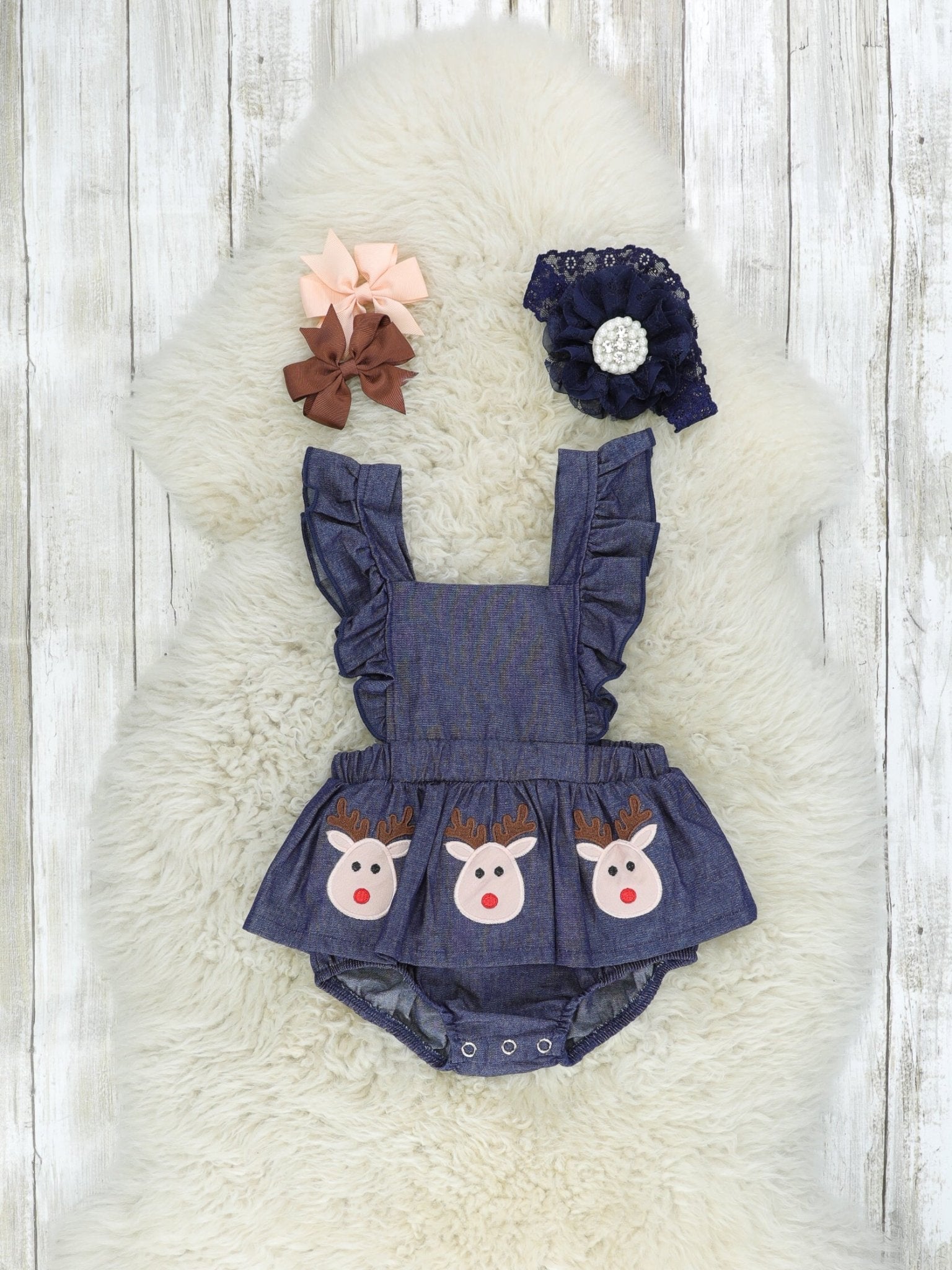 White Top & Chambray Reindeer Ruffle Romper - Marie Nicole Clothing