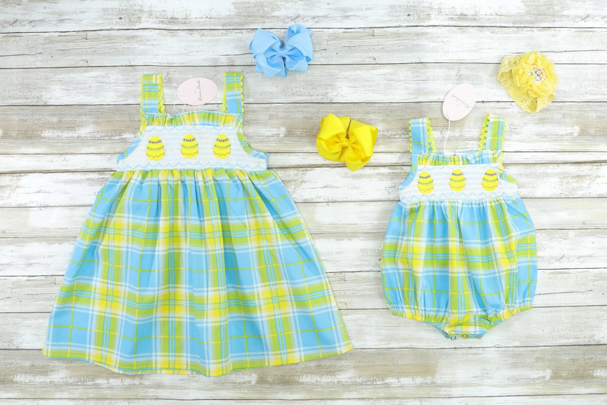 Blue, Green, & Yellow Plaid Easter Egg Smocked Outfit - Marie Nicole Clothing