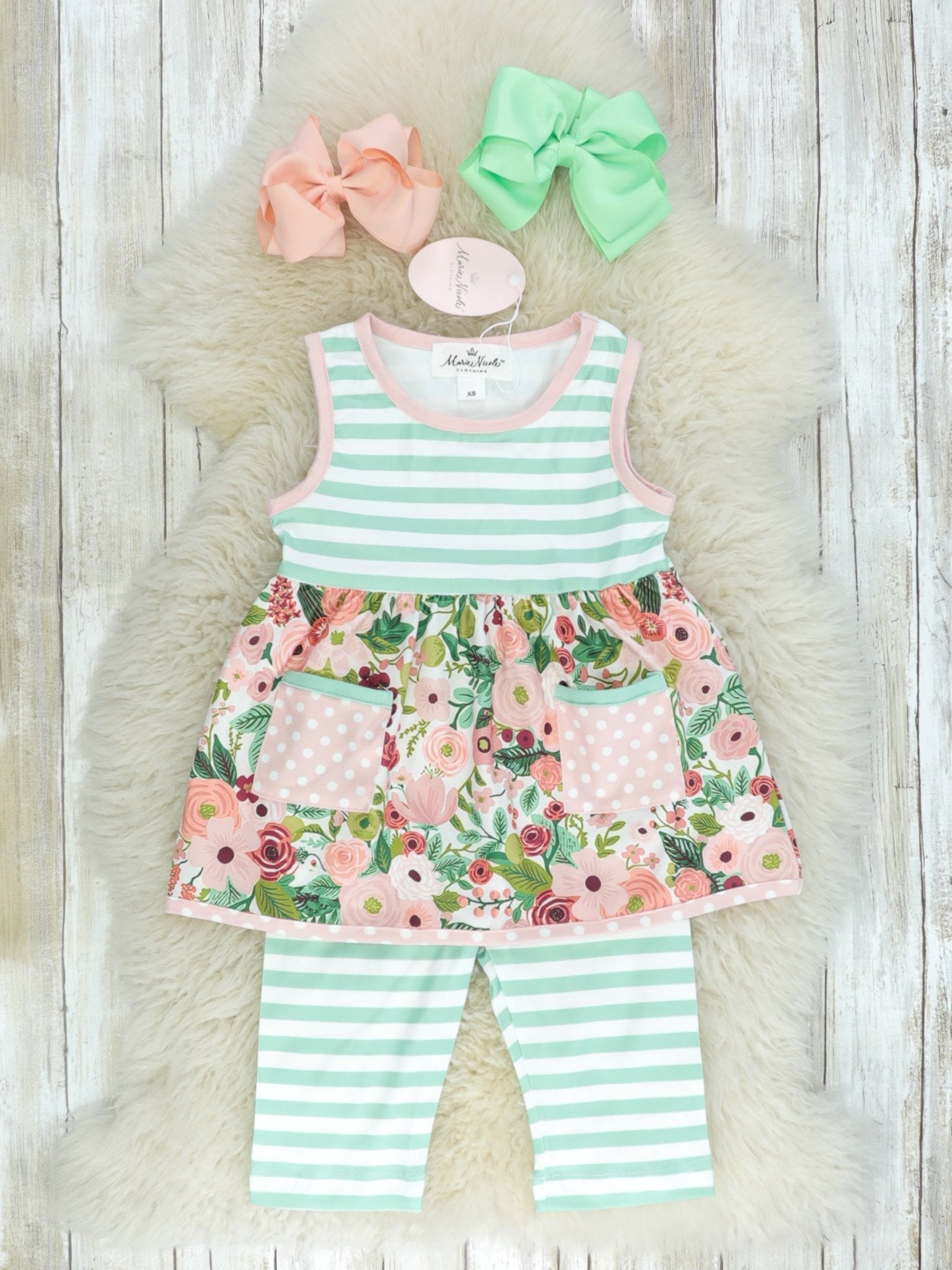 Light Green Striped Floral Outfit - Marie Nicole Clothing