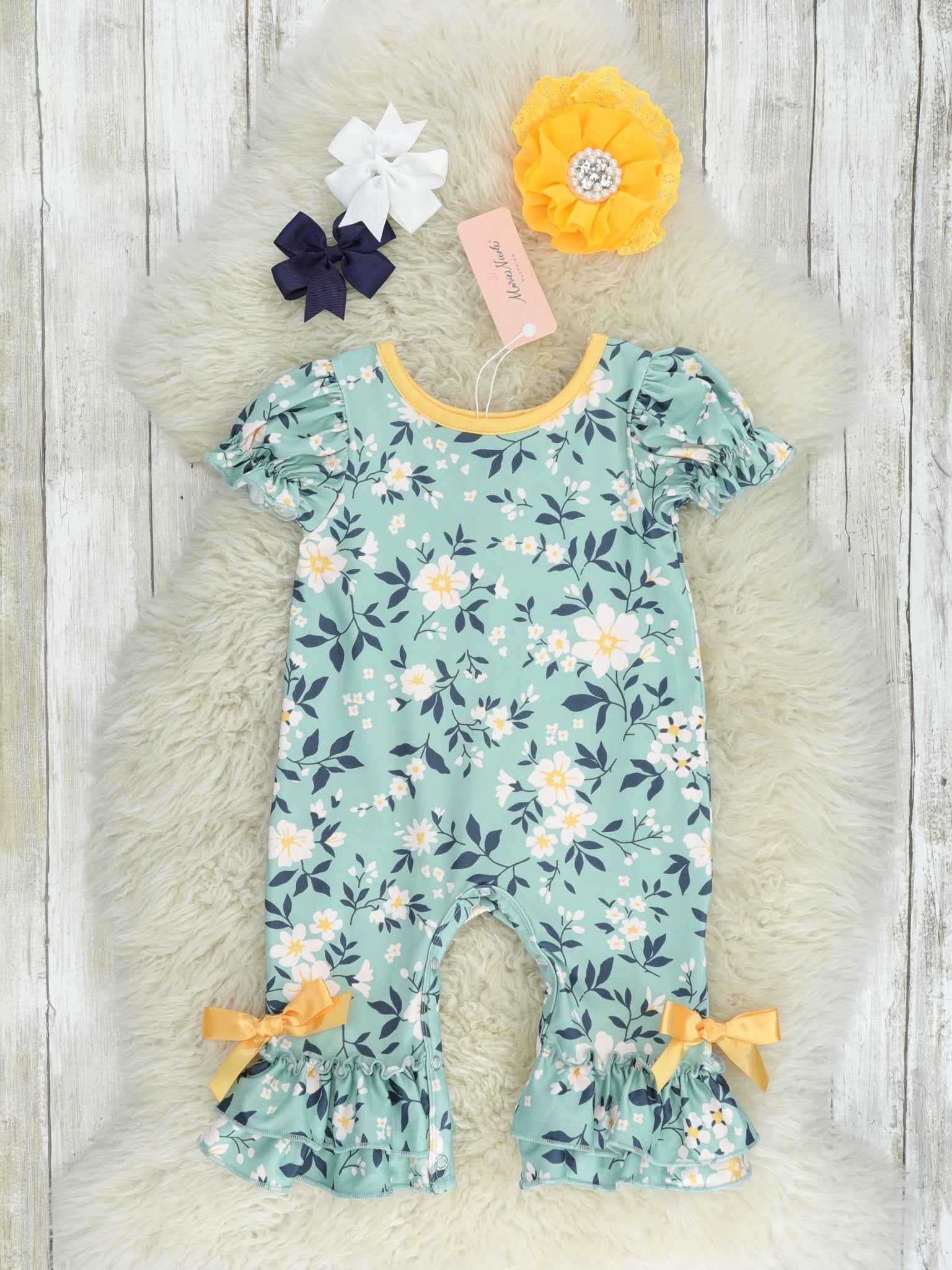 Turquoise Floral Ruffle Romper - Marie Nicole Clothing