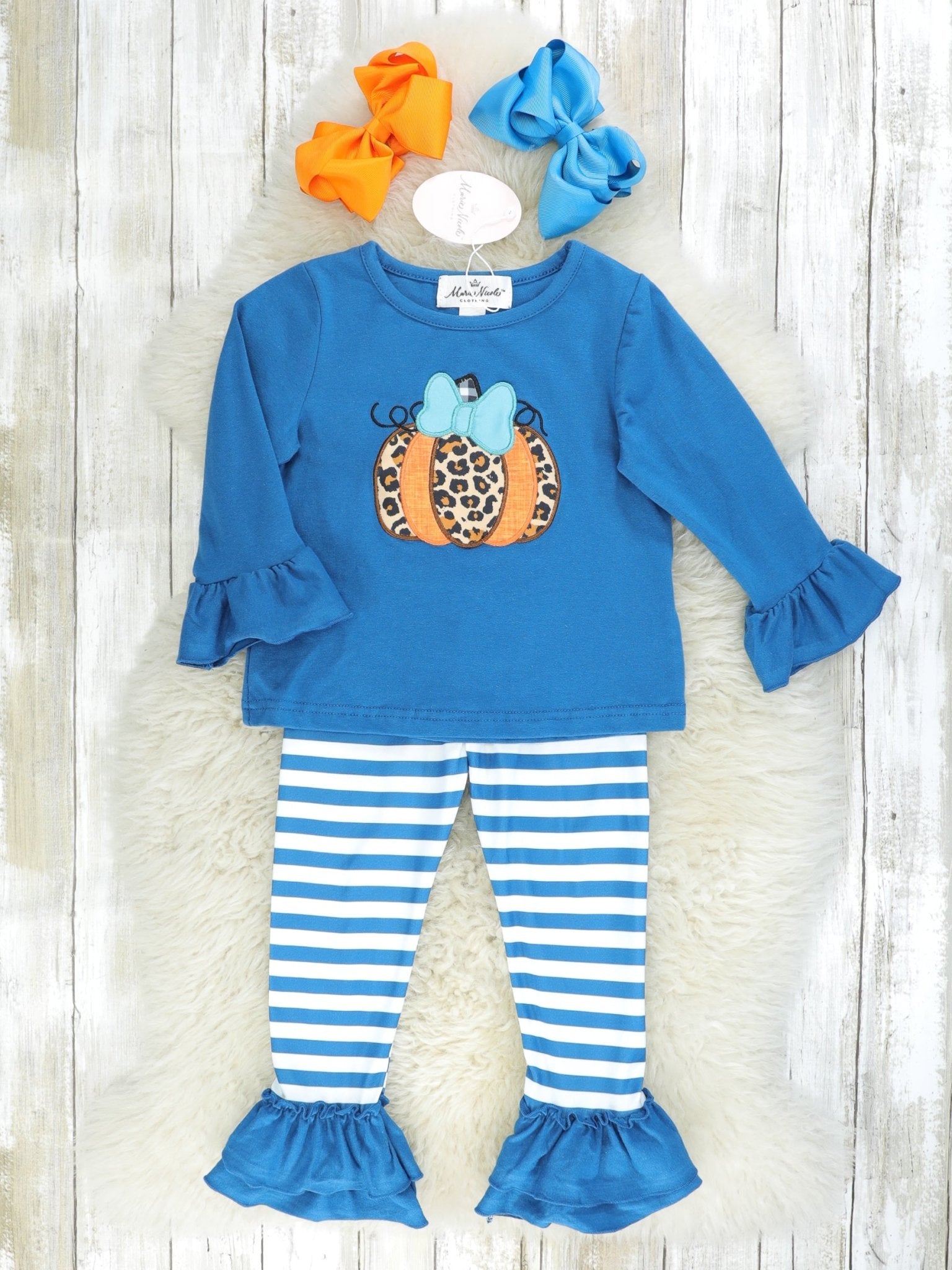 Teal Leopard Pumpkin Top & Striped Ruffle Bottoms Outfit - Marie Nicole Clothing