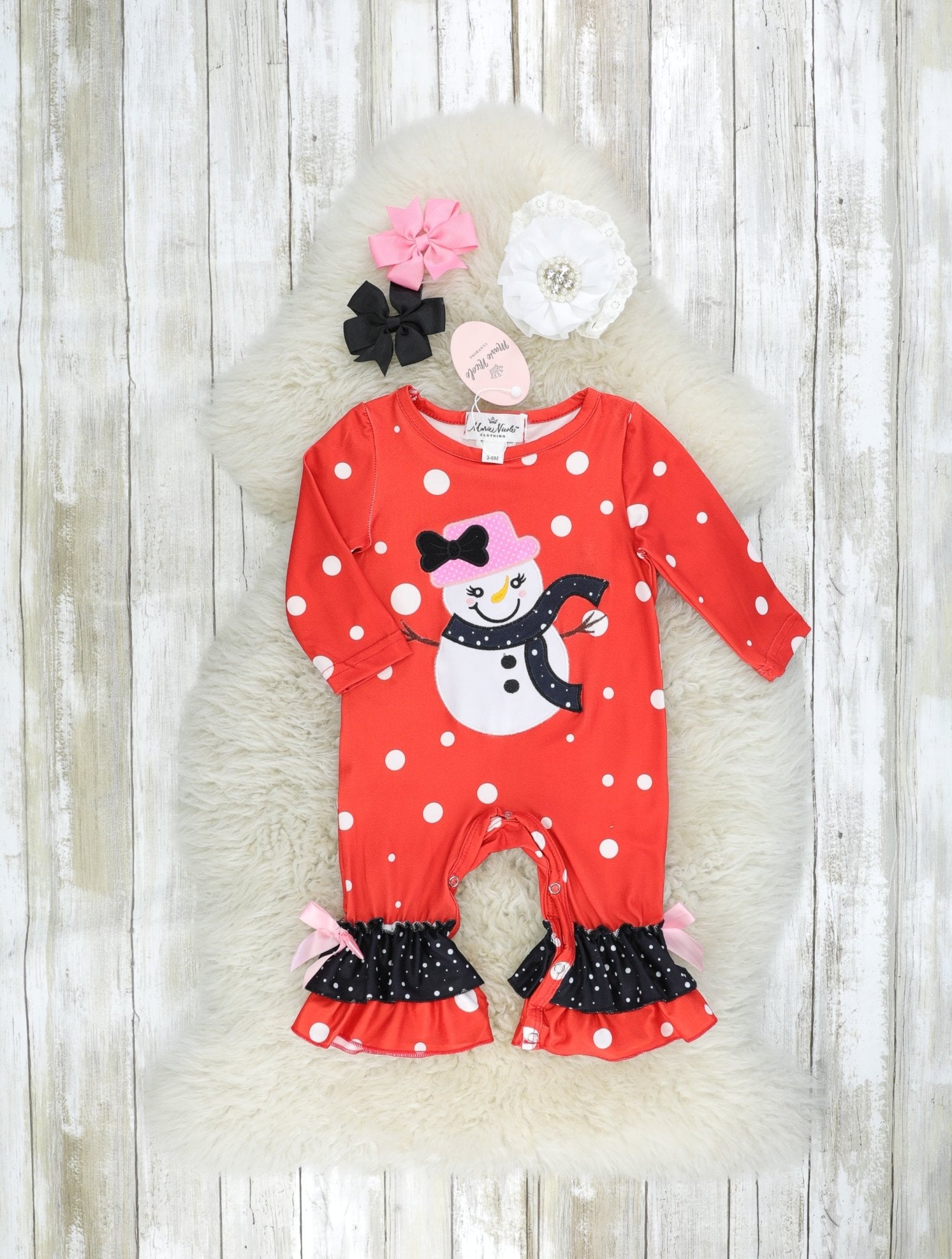 Red Polka Dot Snowman Ruffle Romper - Marie Nicole Clothing