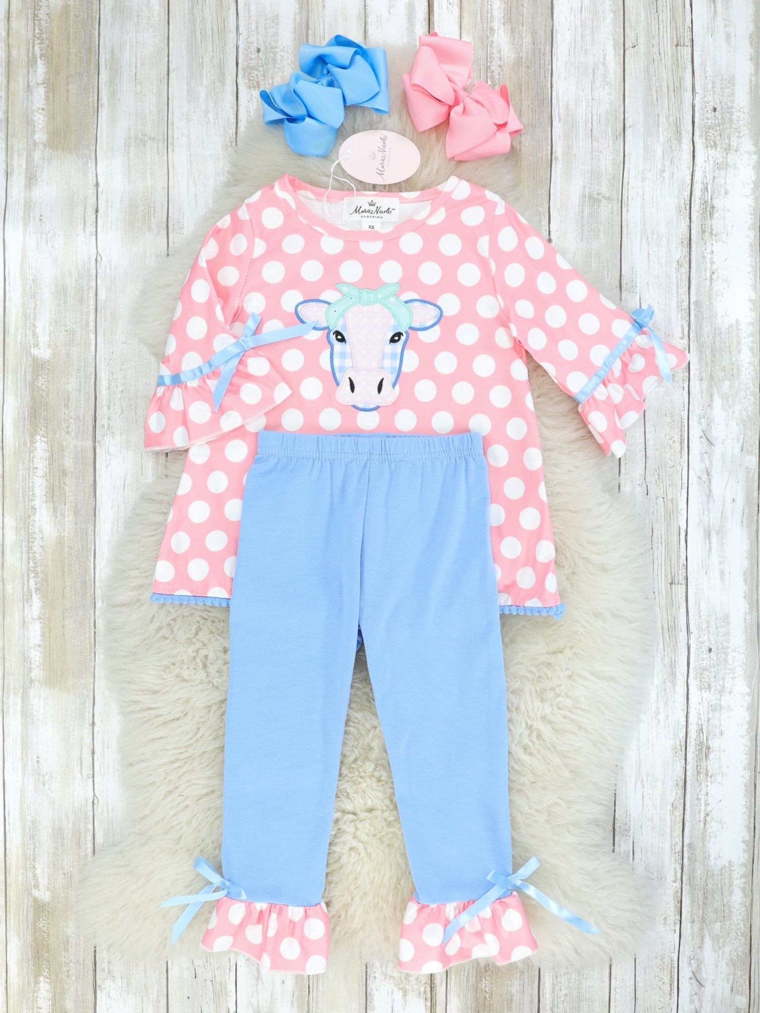 Pink Polka Dot Cow Ruffle Outfit - Marie Nicole Clothing