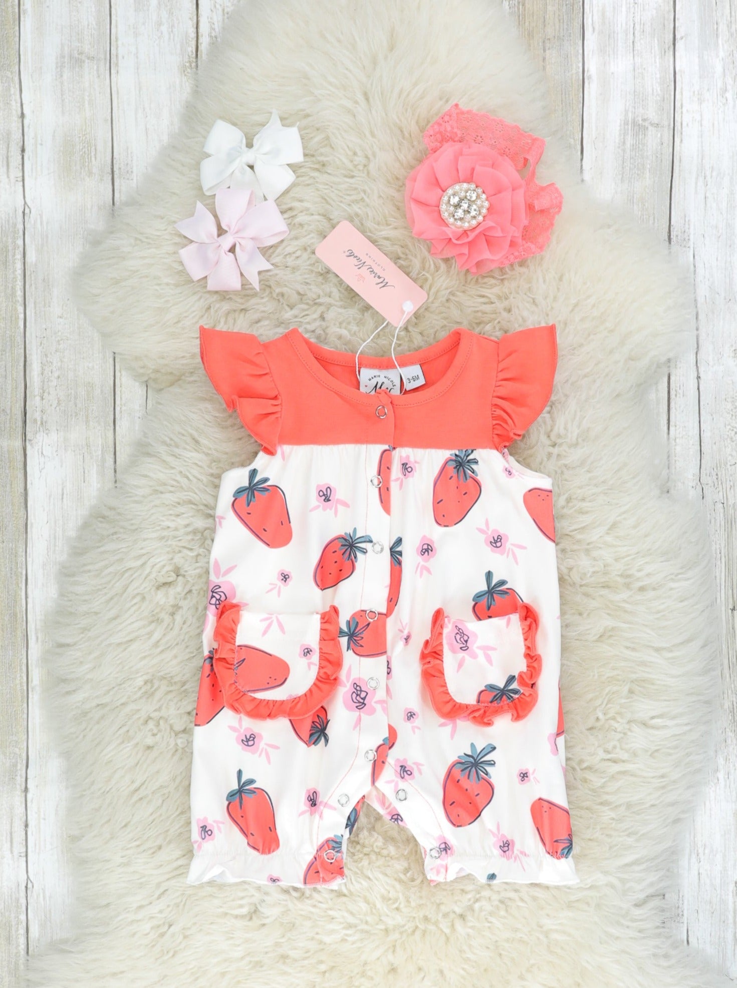 Bright Strawberry Ruffle Romper - Marie Nicole Clothing