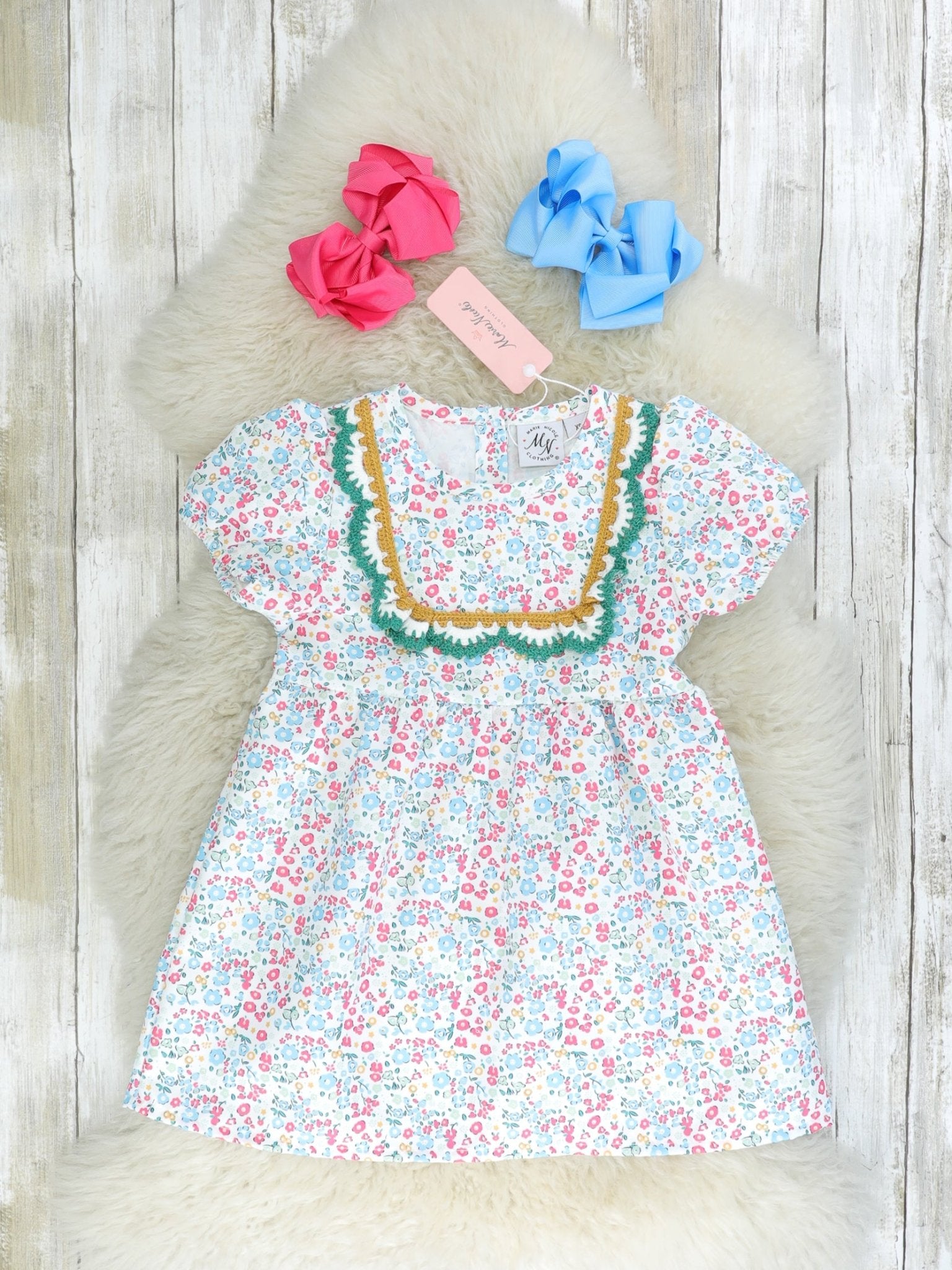 Blue Ditsy Floral Crochet Dress - Marie Nicole Clothing