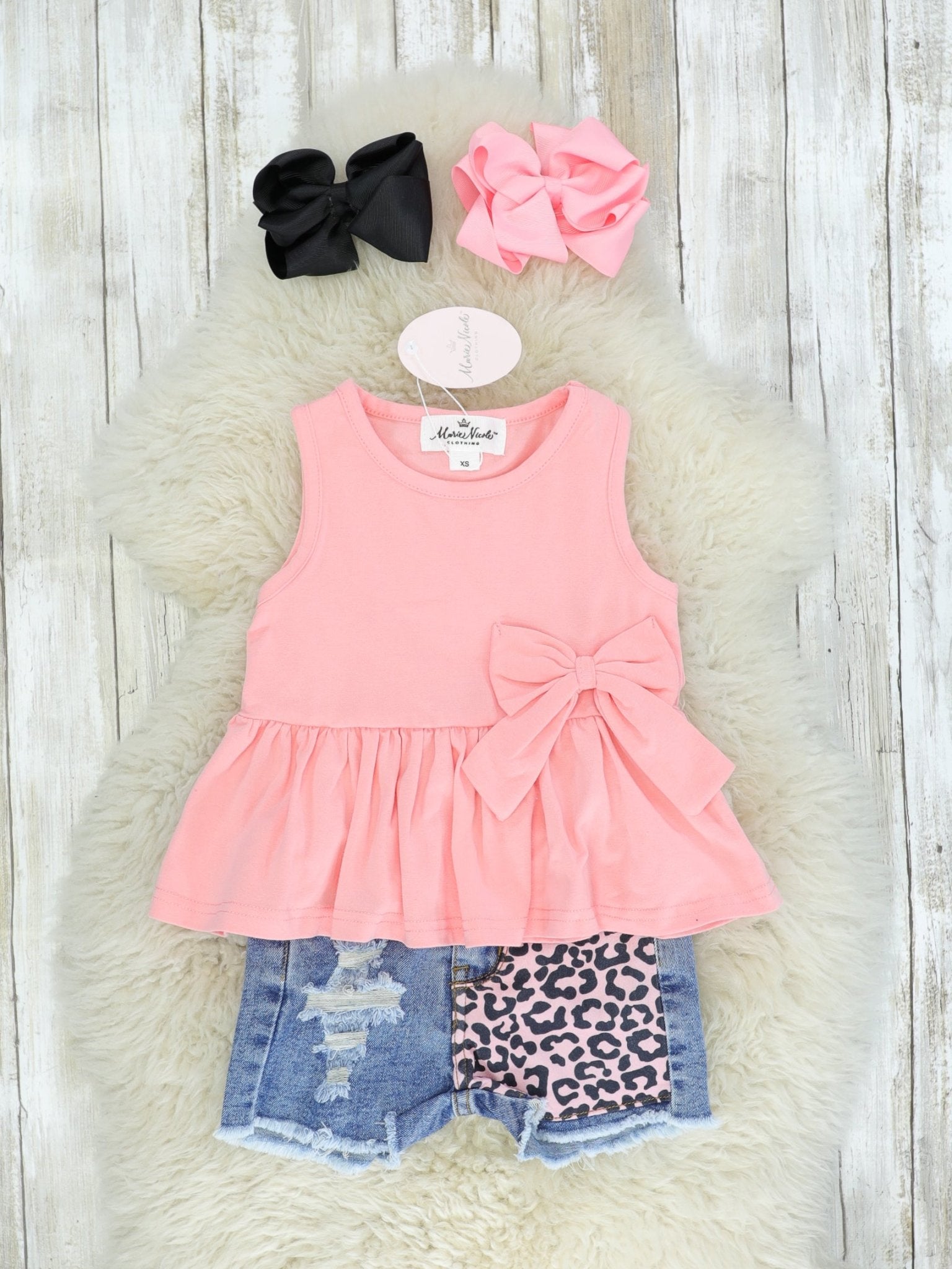 Pink Bow Tank & Distressed Leopard Denim Outfit - Marie Nicole Clothing