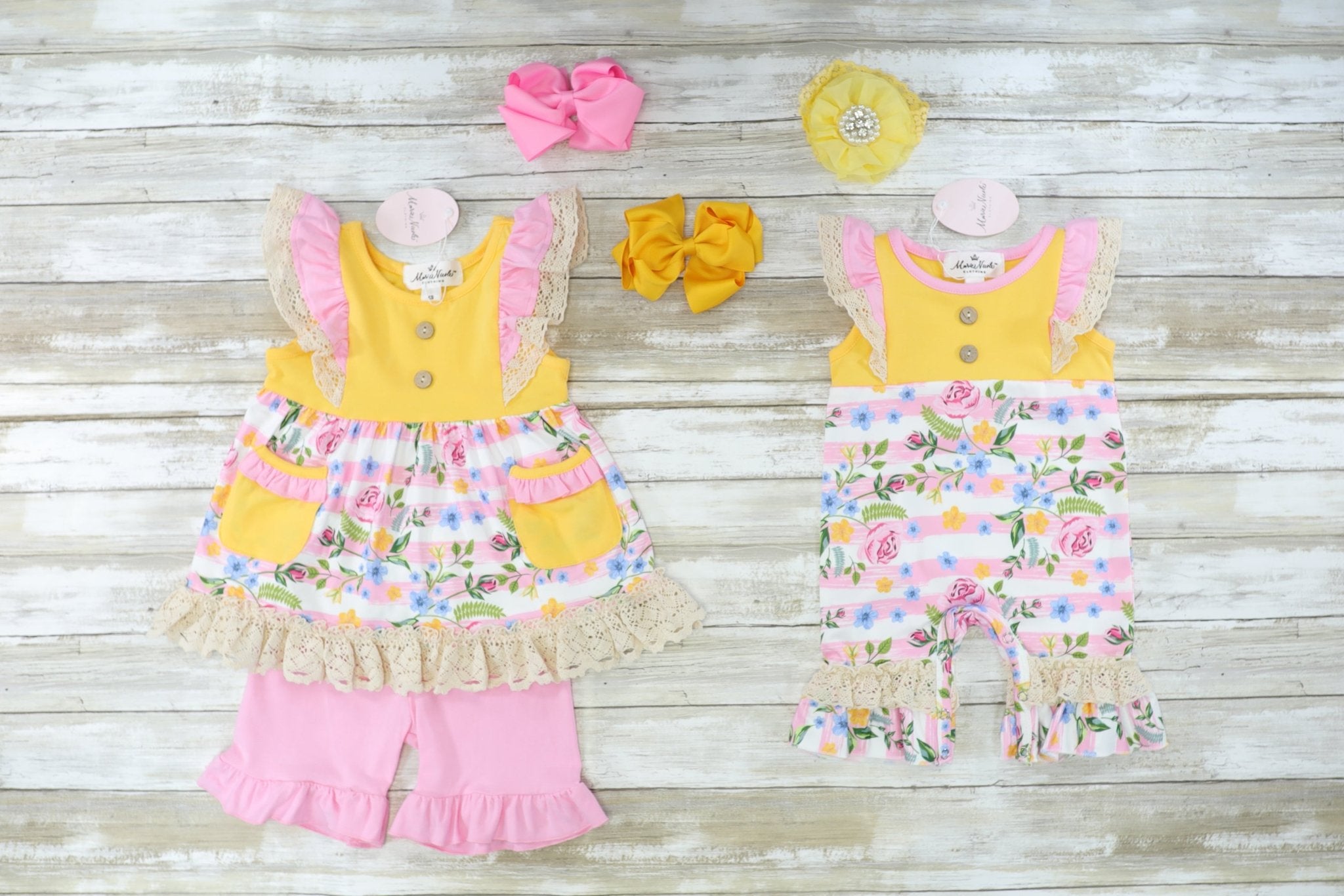 Yellow & Pink Ruffle Romper - Marie Nicole Clothing