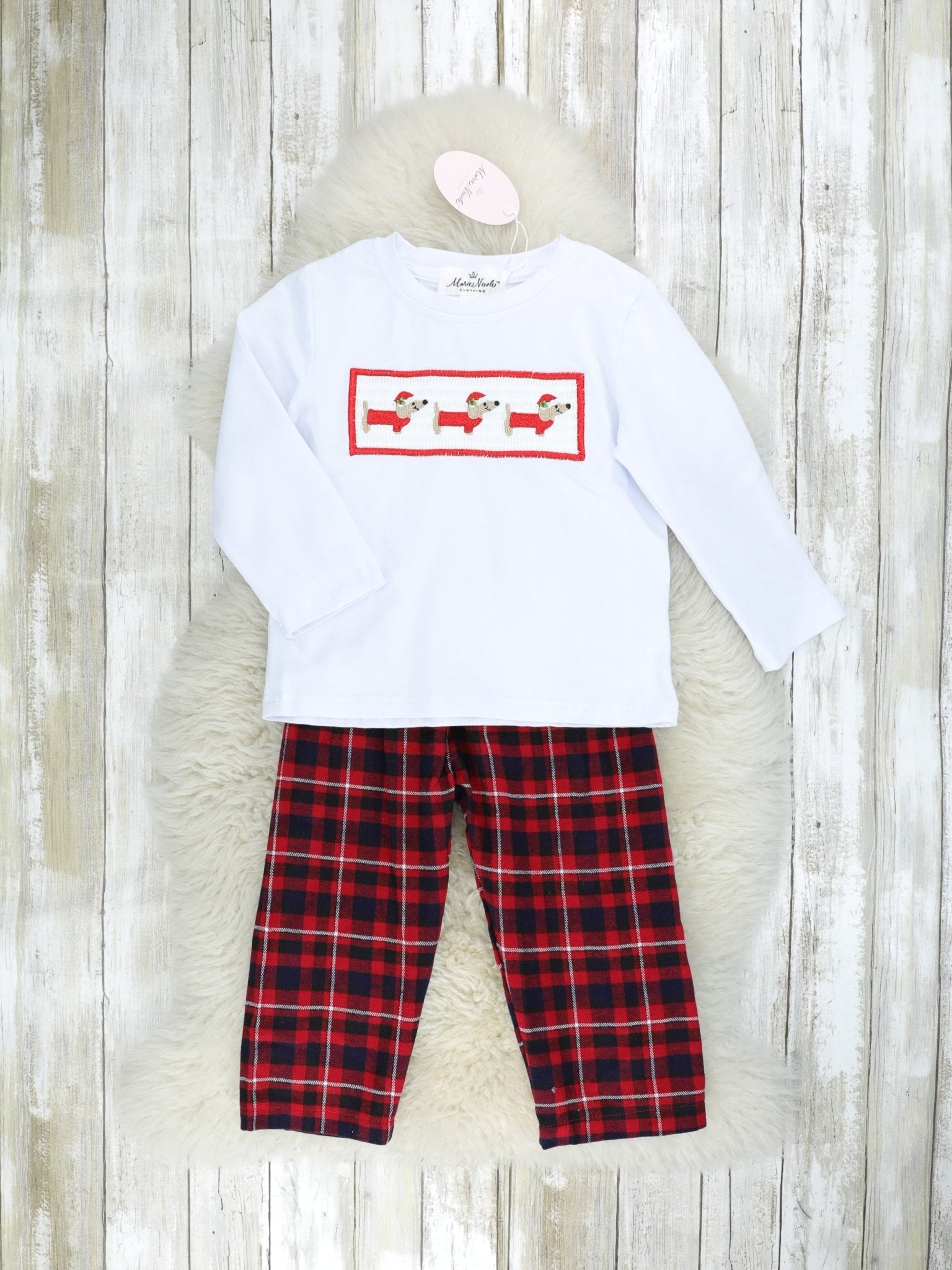 Red Plaid Smocked Dachshund Outfit - Marie Nicole Clothing