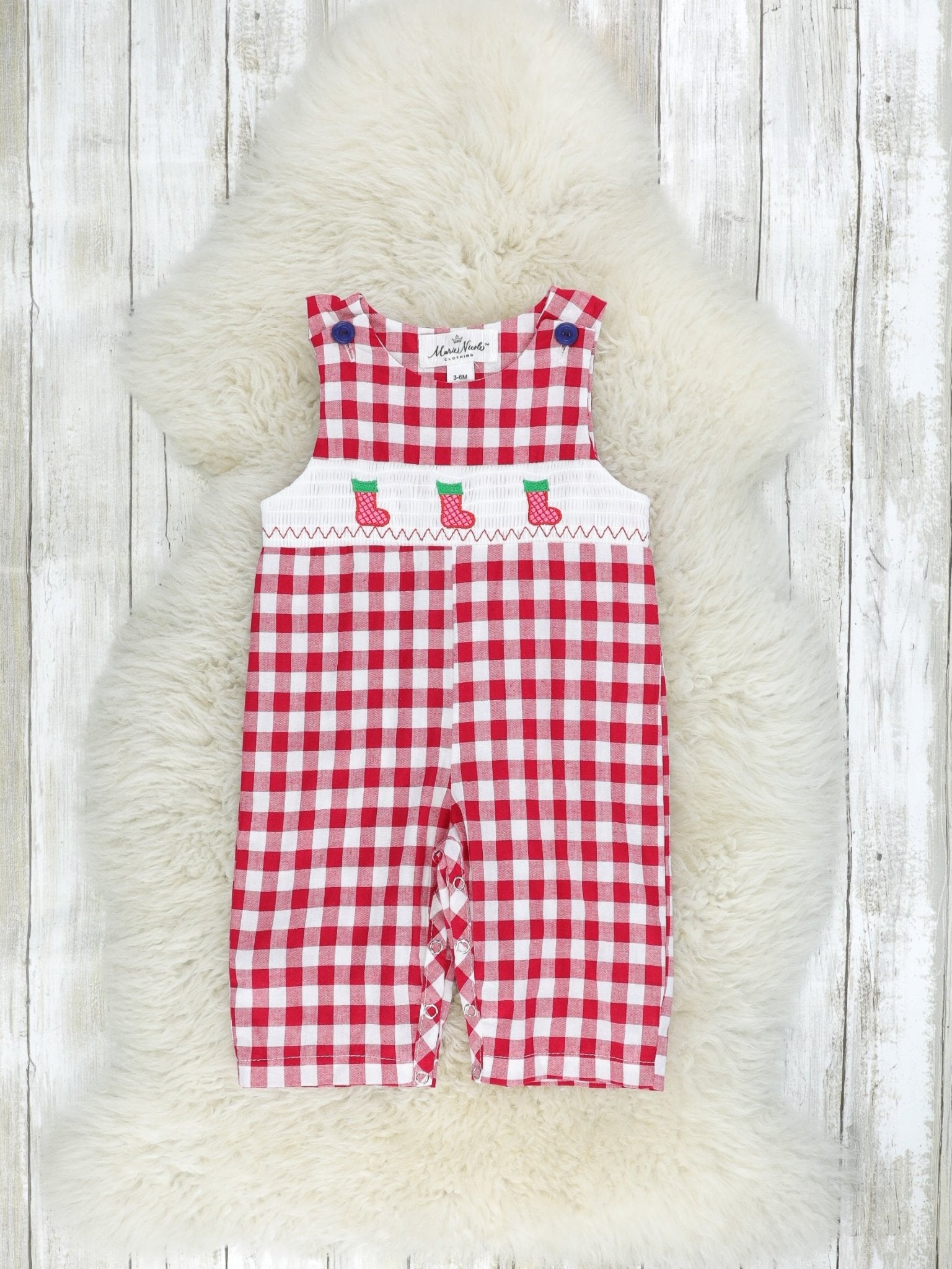 Navy Stocking & Red Gingham Smocked Romper - Marie Nicole Clothing