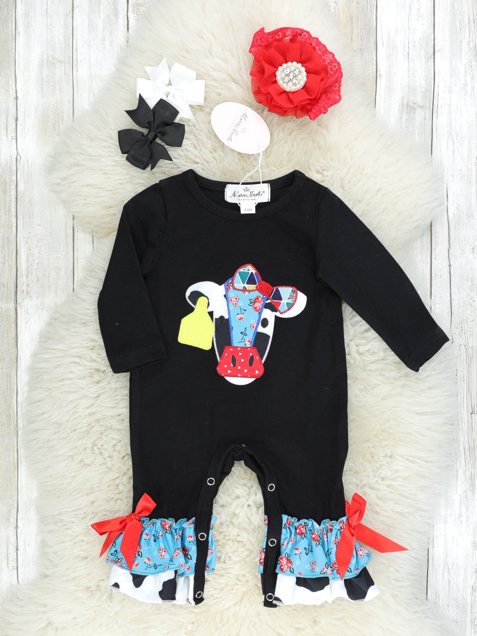 Fancy Cow Ruffle Romper - Marie Nicole Clothing