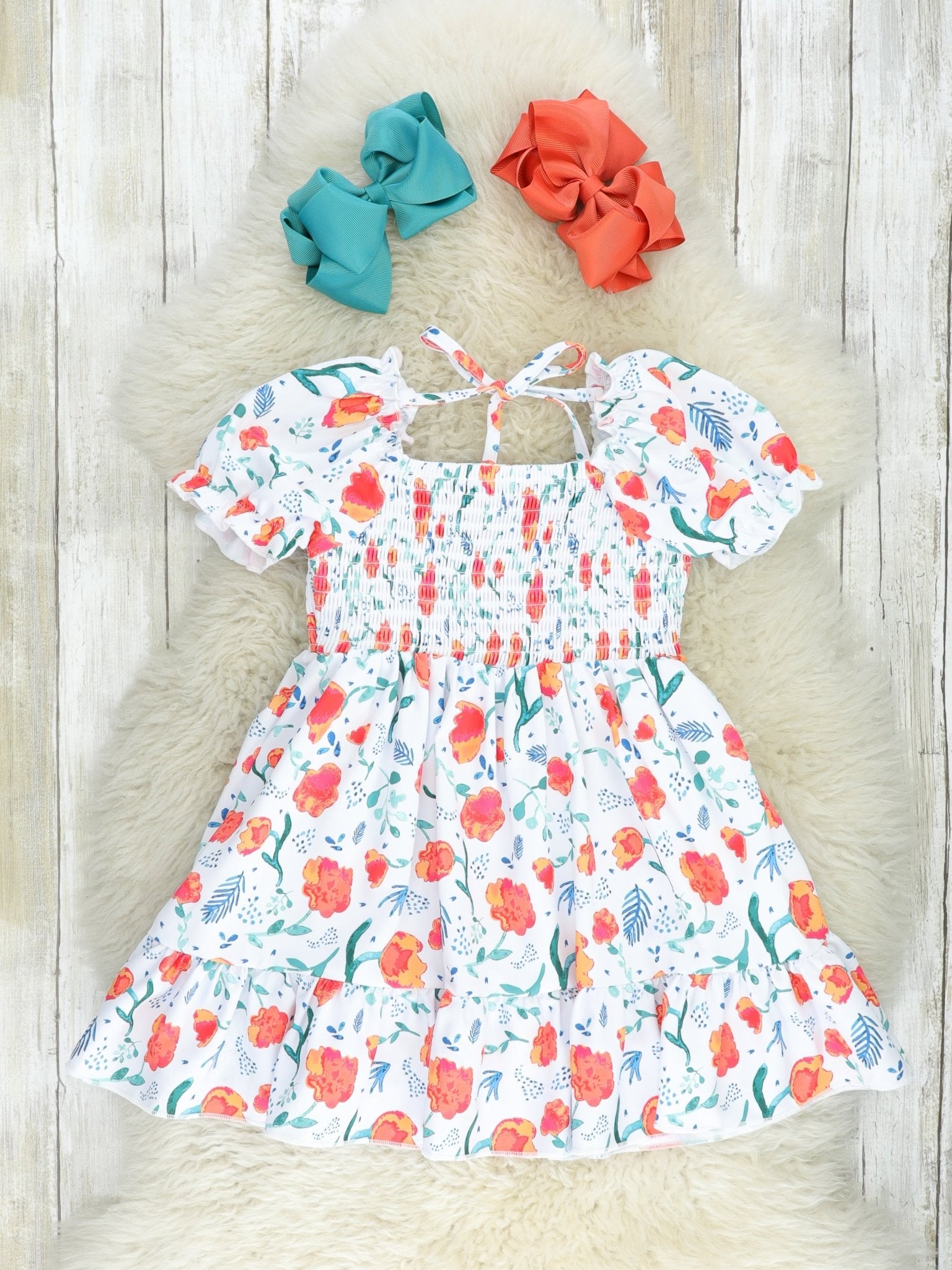 Orange Smocked Floral Puff Sleeve Dress - Marie Nicole Clothing