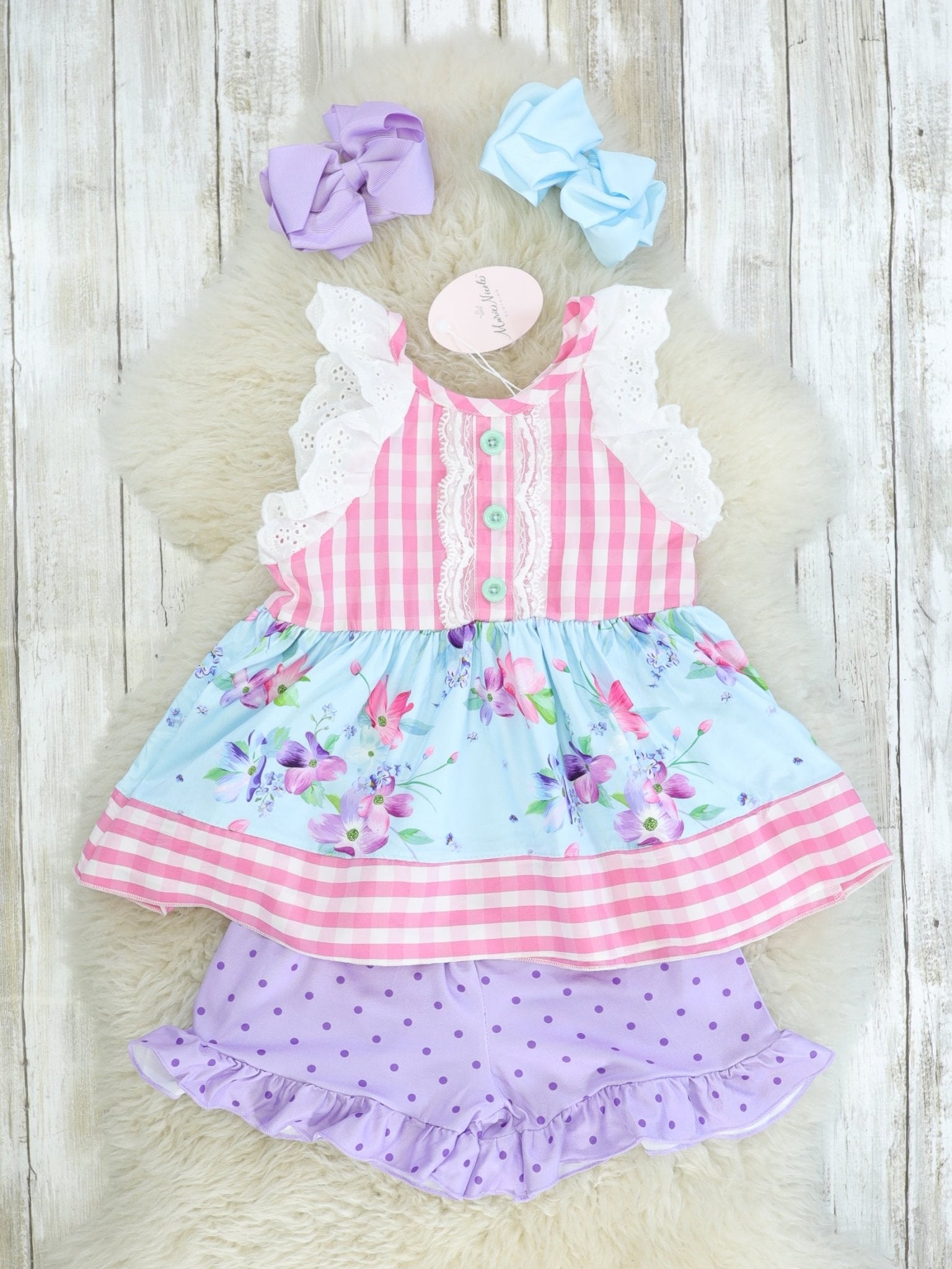 Pink Striped Floral Tank & Purple Polka Dotted Shorts Outfit - Marie Nicole Clothing