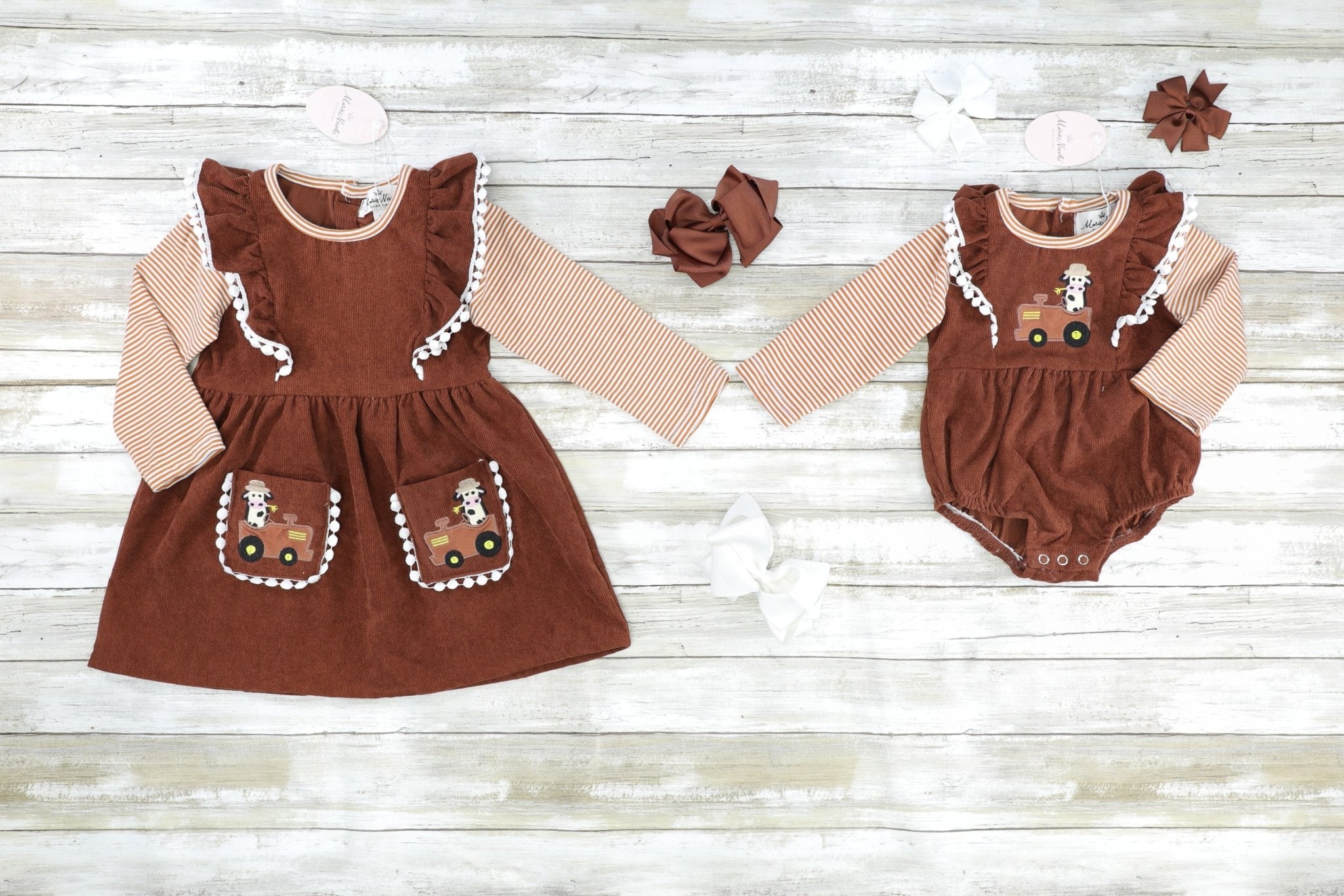 Brown Striped Cow Farmer Pocket Dress - Marie Nicole Clothing