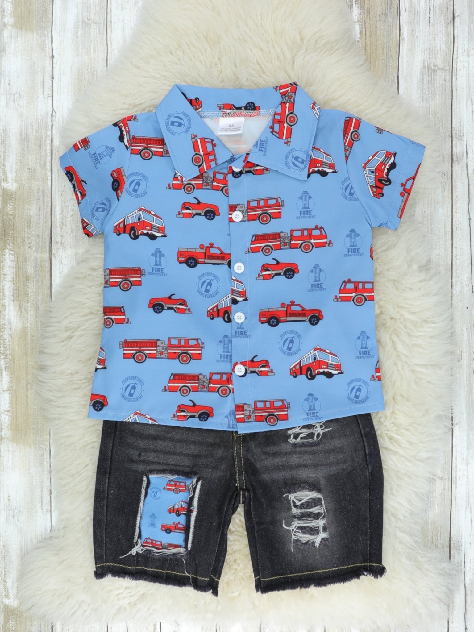Fire Trucks Button Down & Denim Shorts Outfit - Marie Nicole Clothing