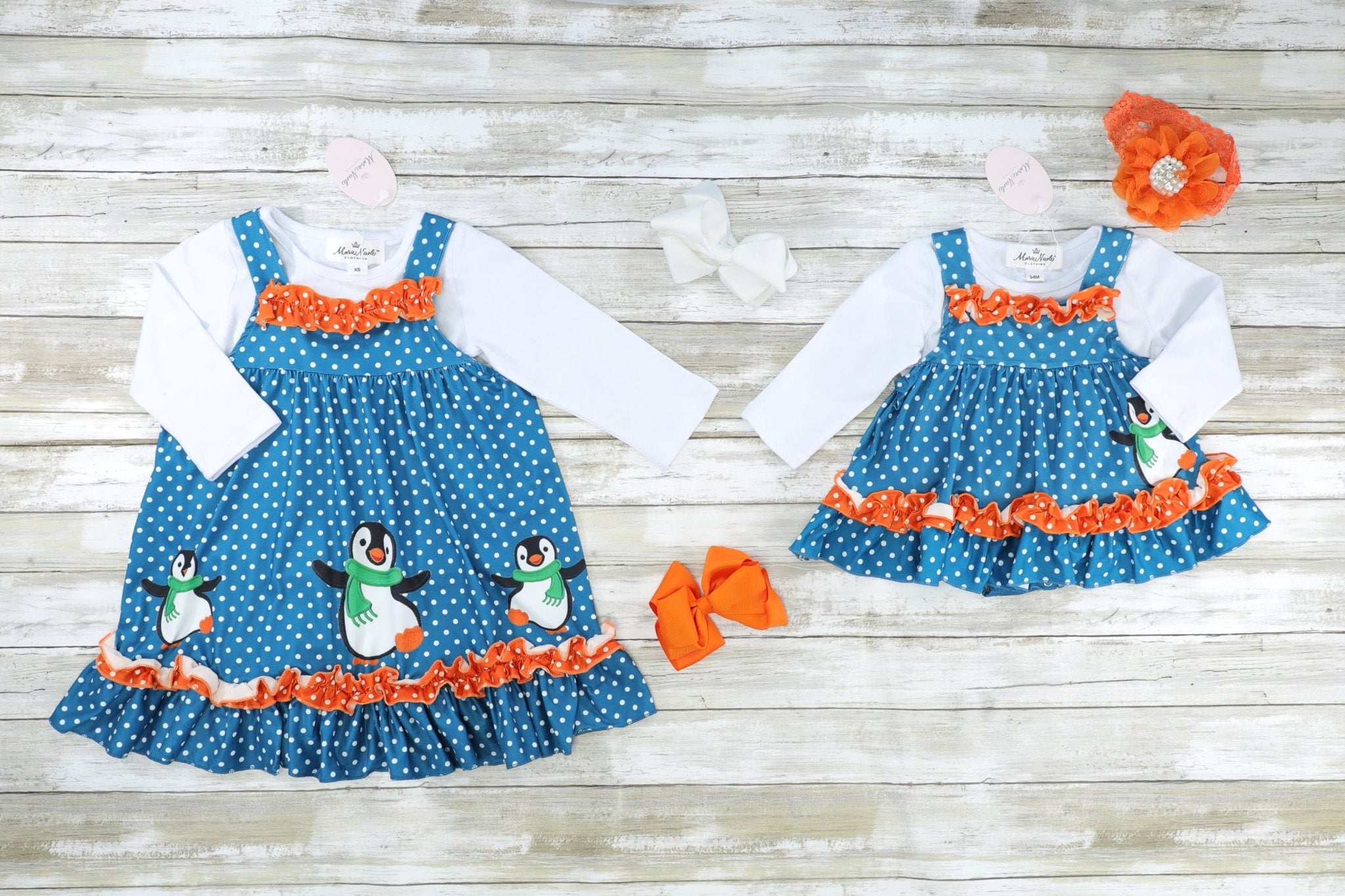 Blue Polka Dot Penguin Romper W/ White Shirt - Marie Nicole Clothing