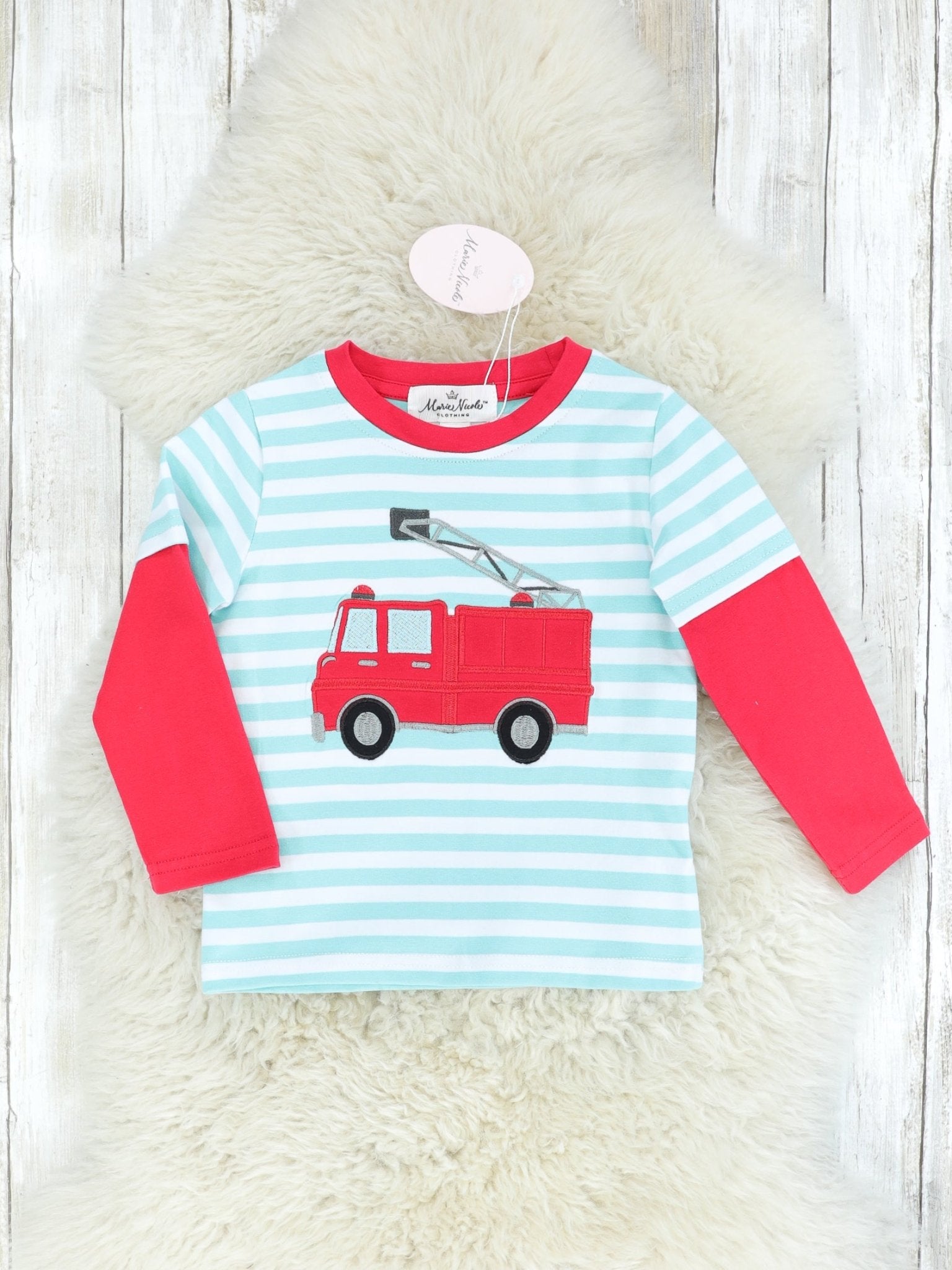 Red & Turquoise Striped Firetruck Shirt - Marie Nicole Clothing