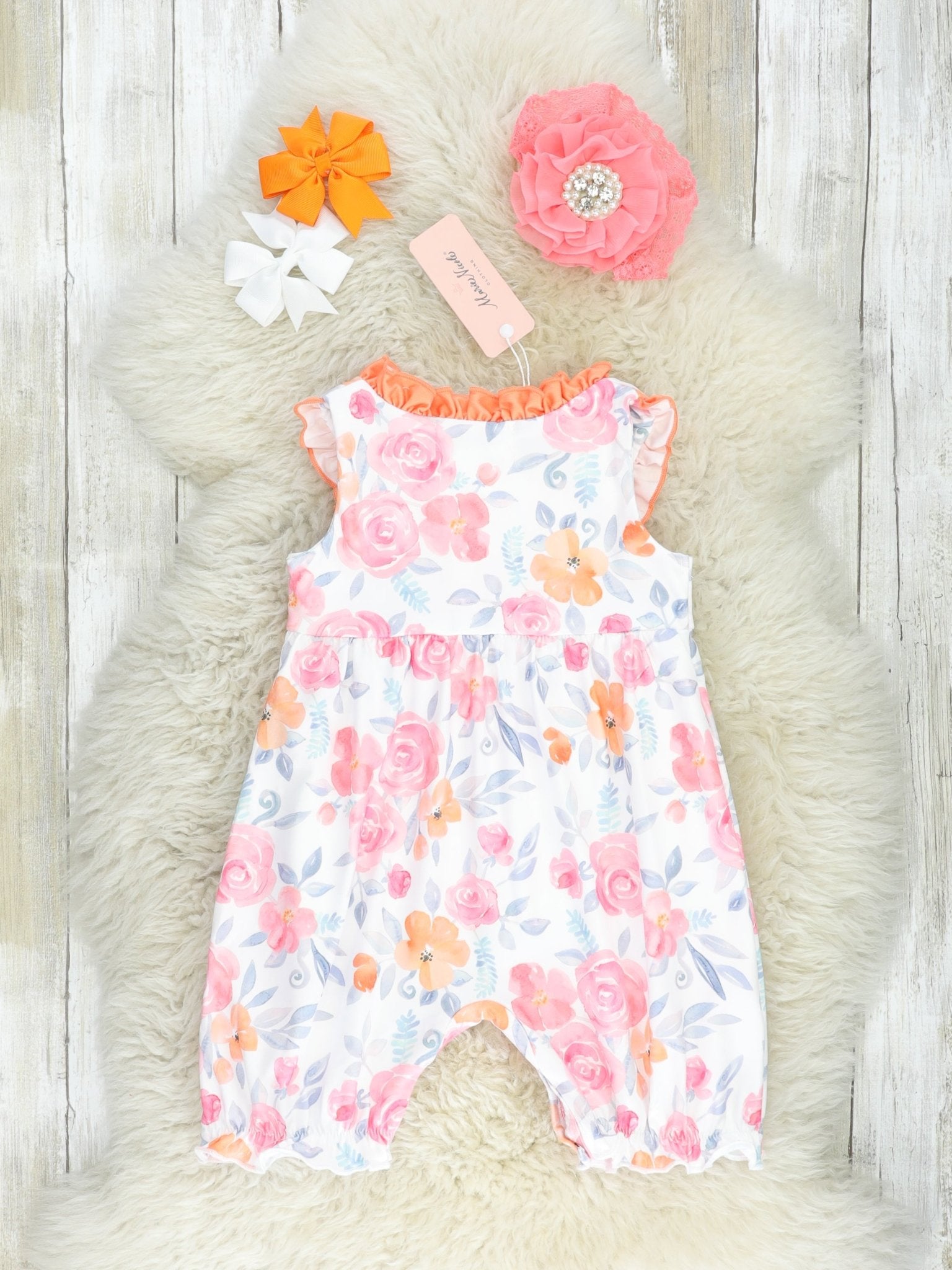 Pink & Orange Rose Ruffle Romper - Marie Nicole Clothing