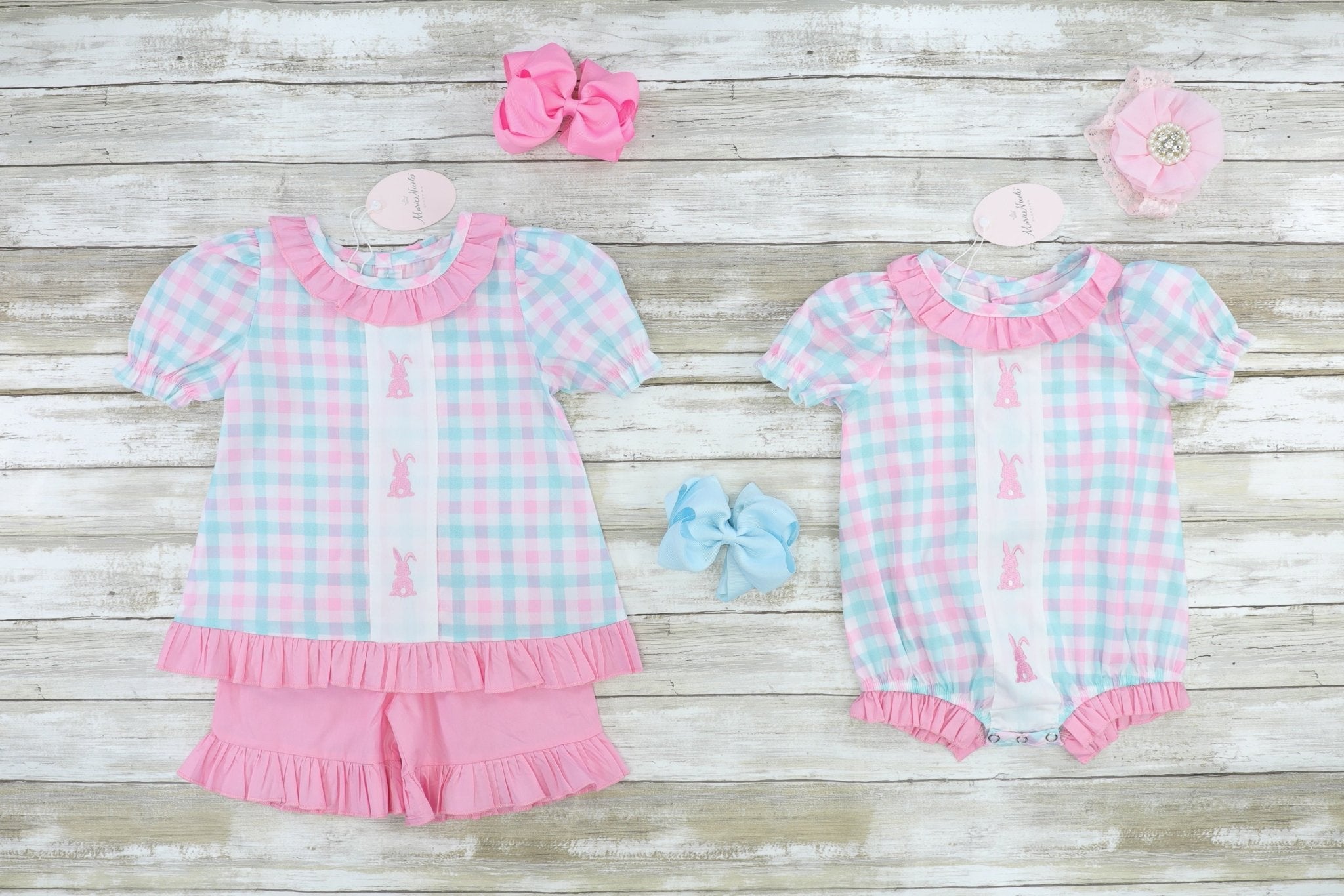 Pinky Check Bunny Ruffle Bubble Romper - Marie Nicole Clothing