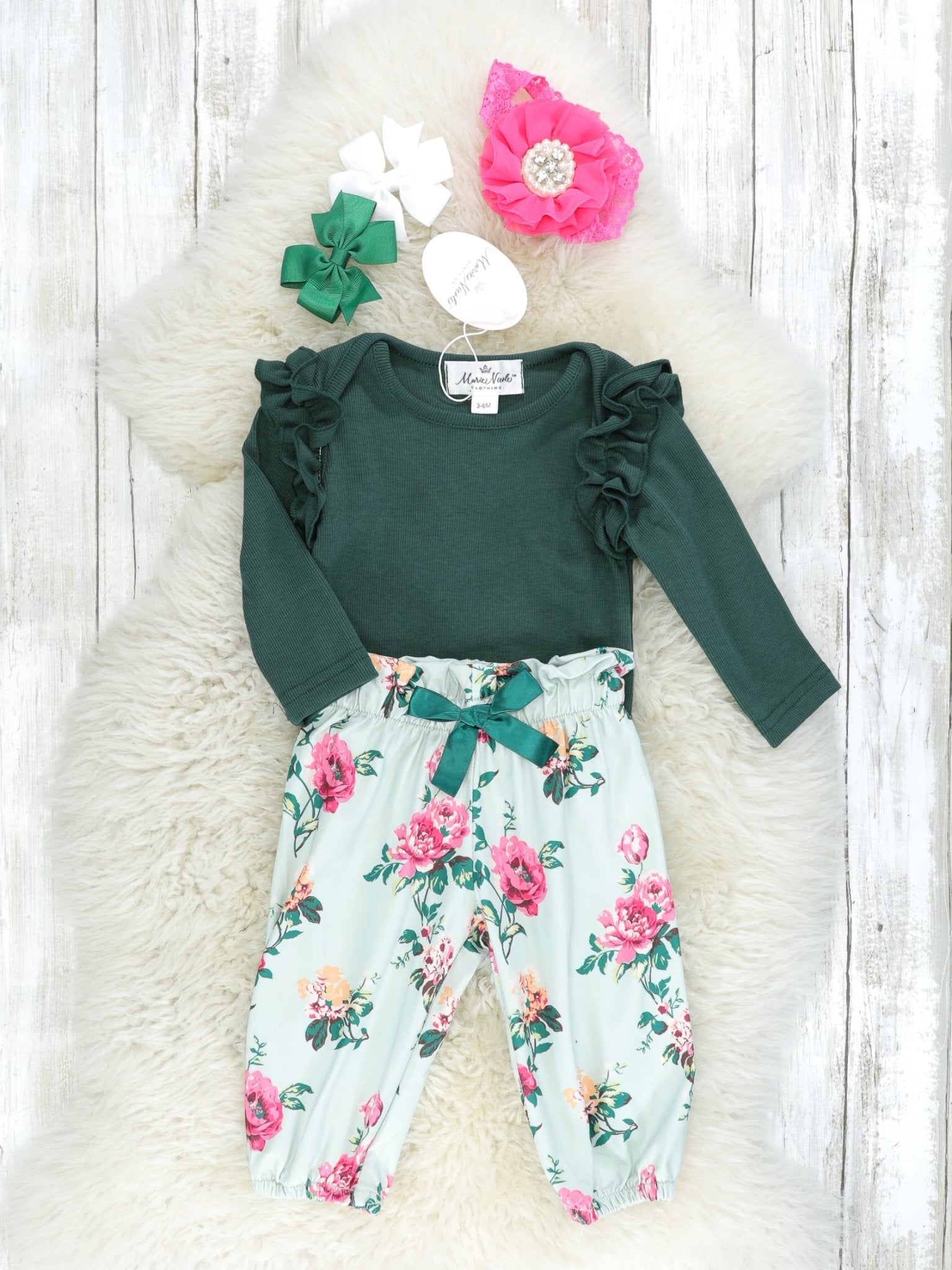 Hunter Green Rose Ruffle Onesie & Jogger Set - Marie Nicole Clothing