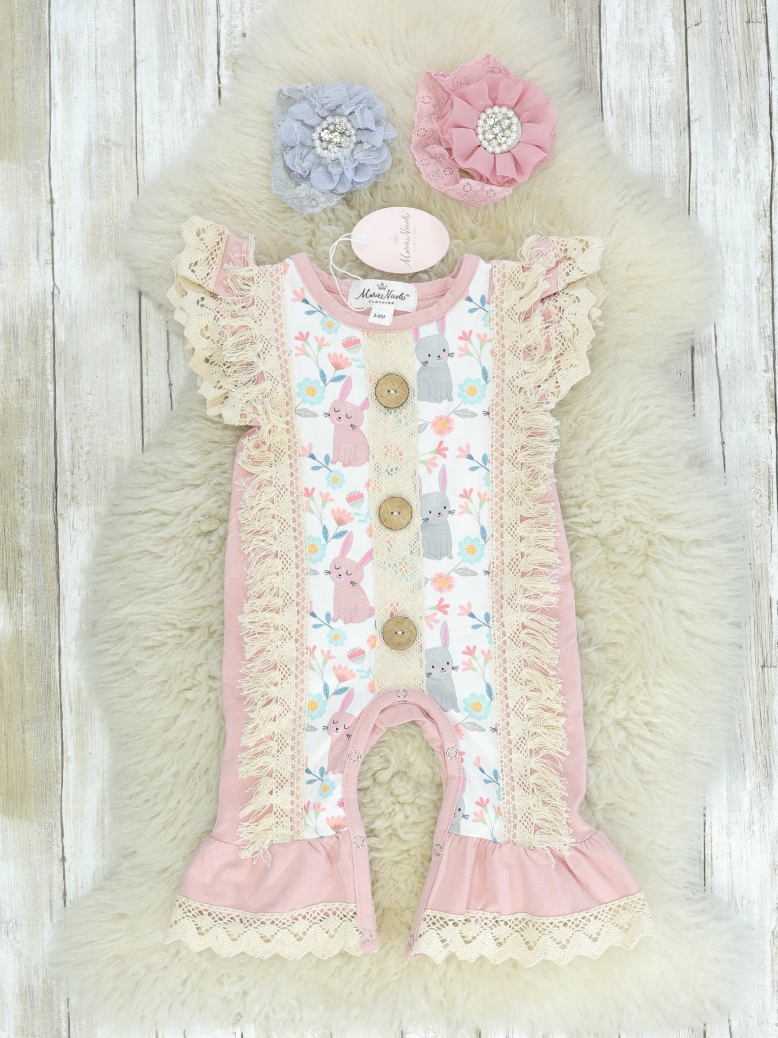 Pink & Grey Bunny Tank Romper - Marie Nicole Clothing