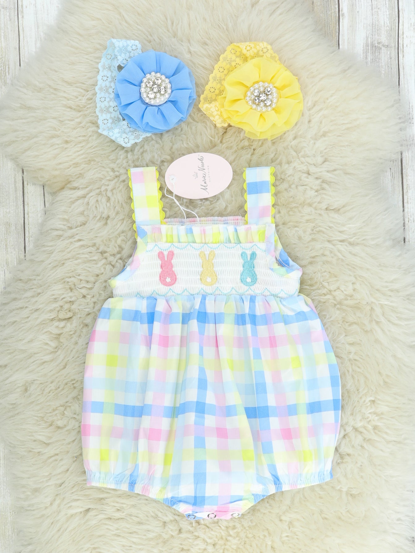 Easter Bunny Pastel Smocked Bubble Romper - Marie Nicole Clothing