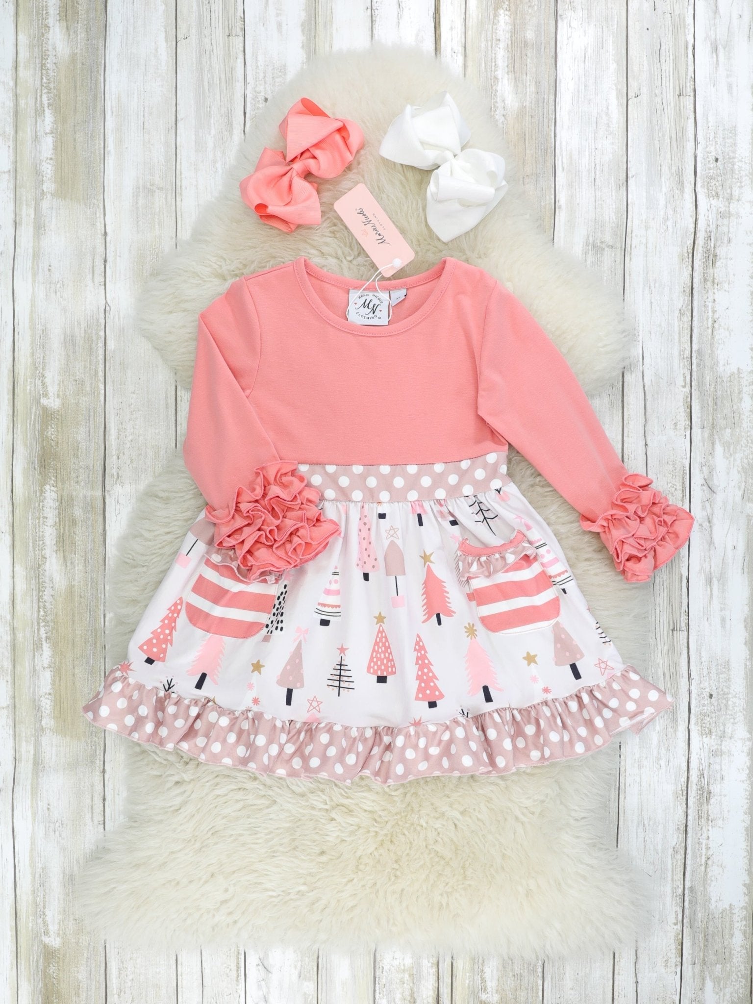 Peach Christmas Tree Pocket Dress - Marie Nicole Clothing