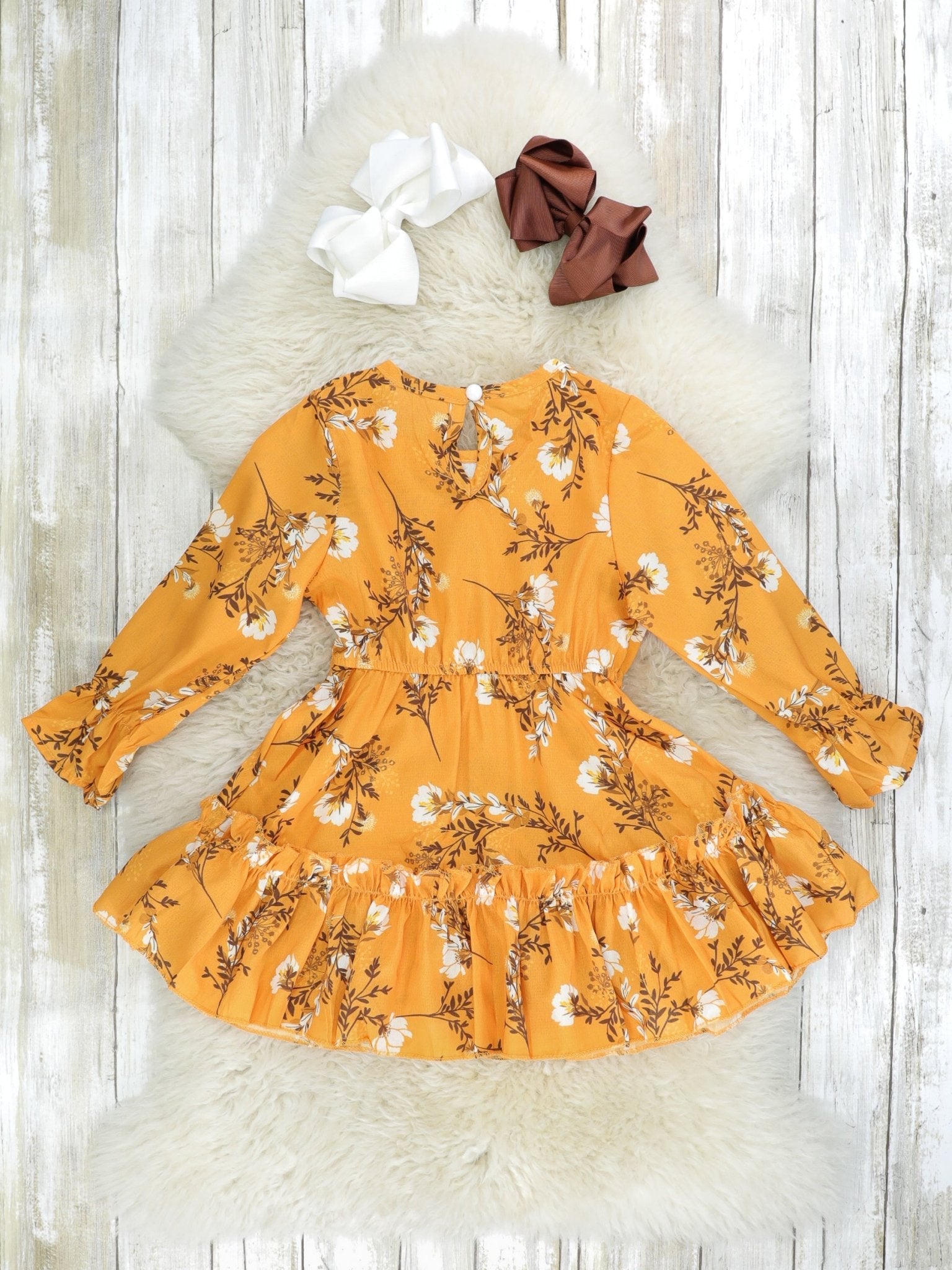 Camel Floral Ruffle Dress - Marie Nicole Clothing
