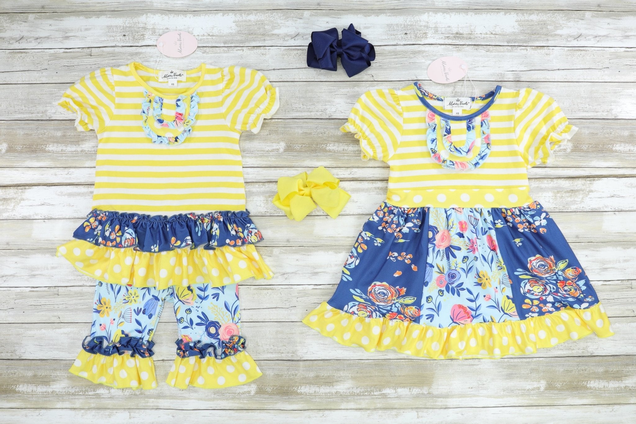 Yellow & Navy Mixed Florals Ruffle Outfit - Marie Nicole Clothing